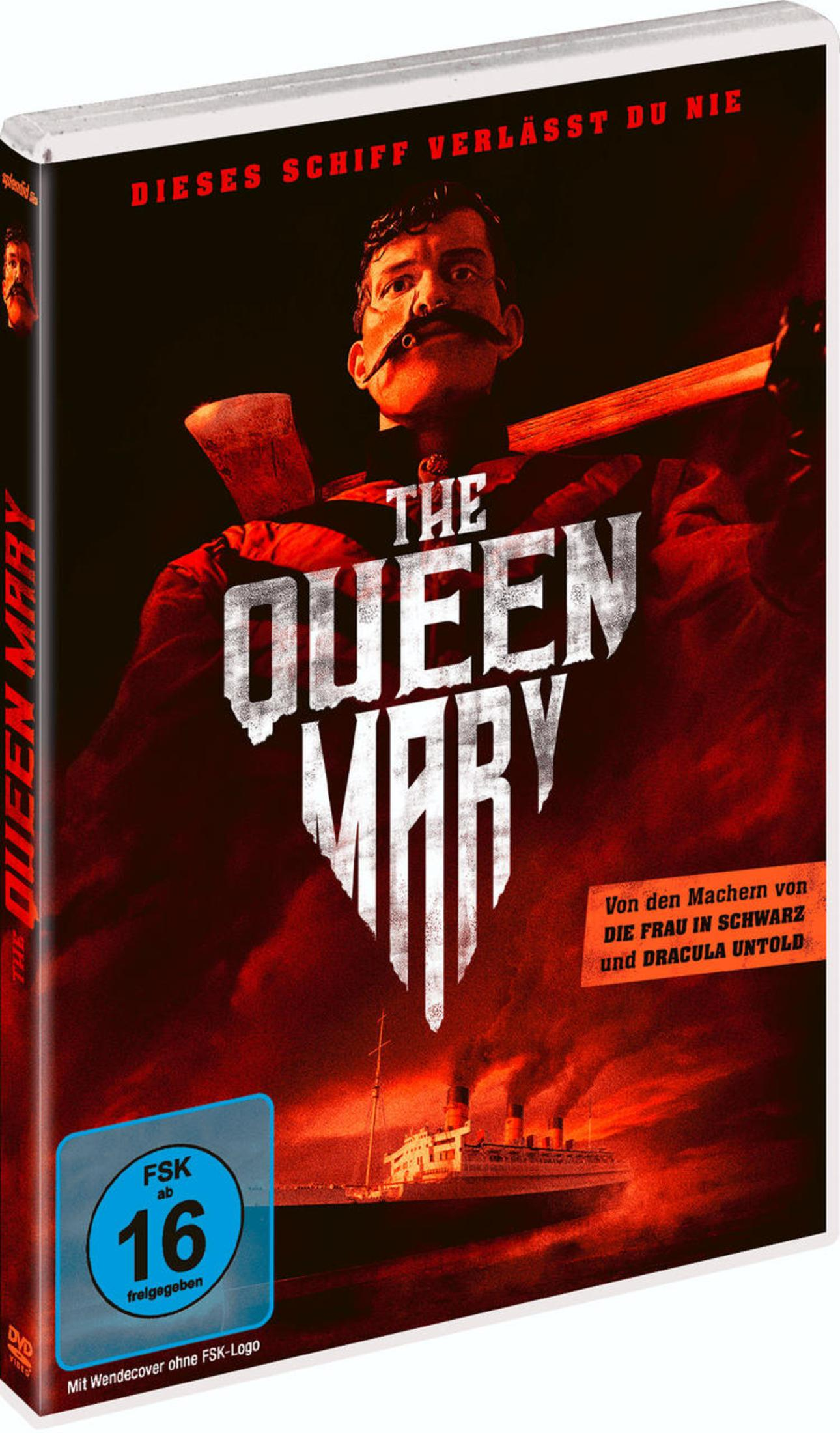 DVD-Hülle von The Queen Mary mit einem Mann mit Axt, Text und einem Schiff im roten Hintergrund.