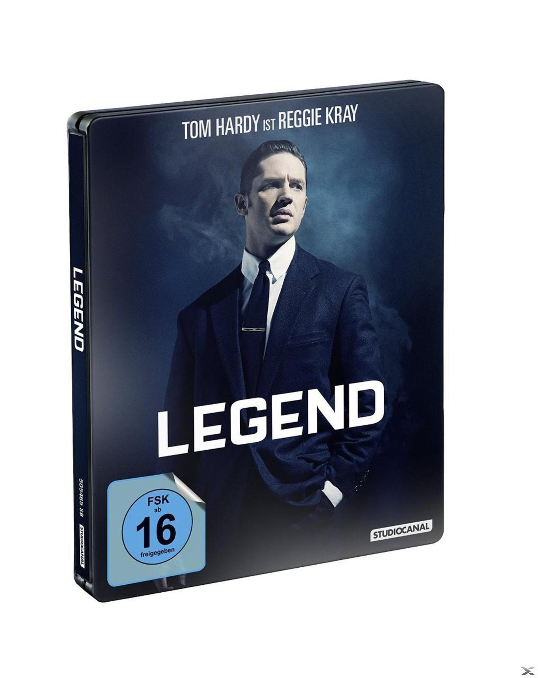 Steelbook-Cover des Films Legend mit Tom Hardy im Anzug, blauer Hintergrund und FSK-16-Logo.