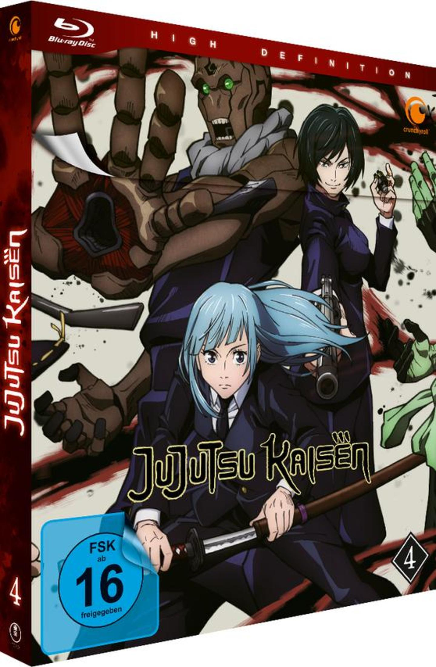 Blu-ray-Hülle von Jujutsu Kaisen mit Charakteren, einer Puppe und FSK-16-Logo.