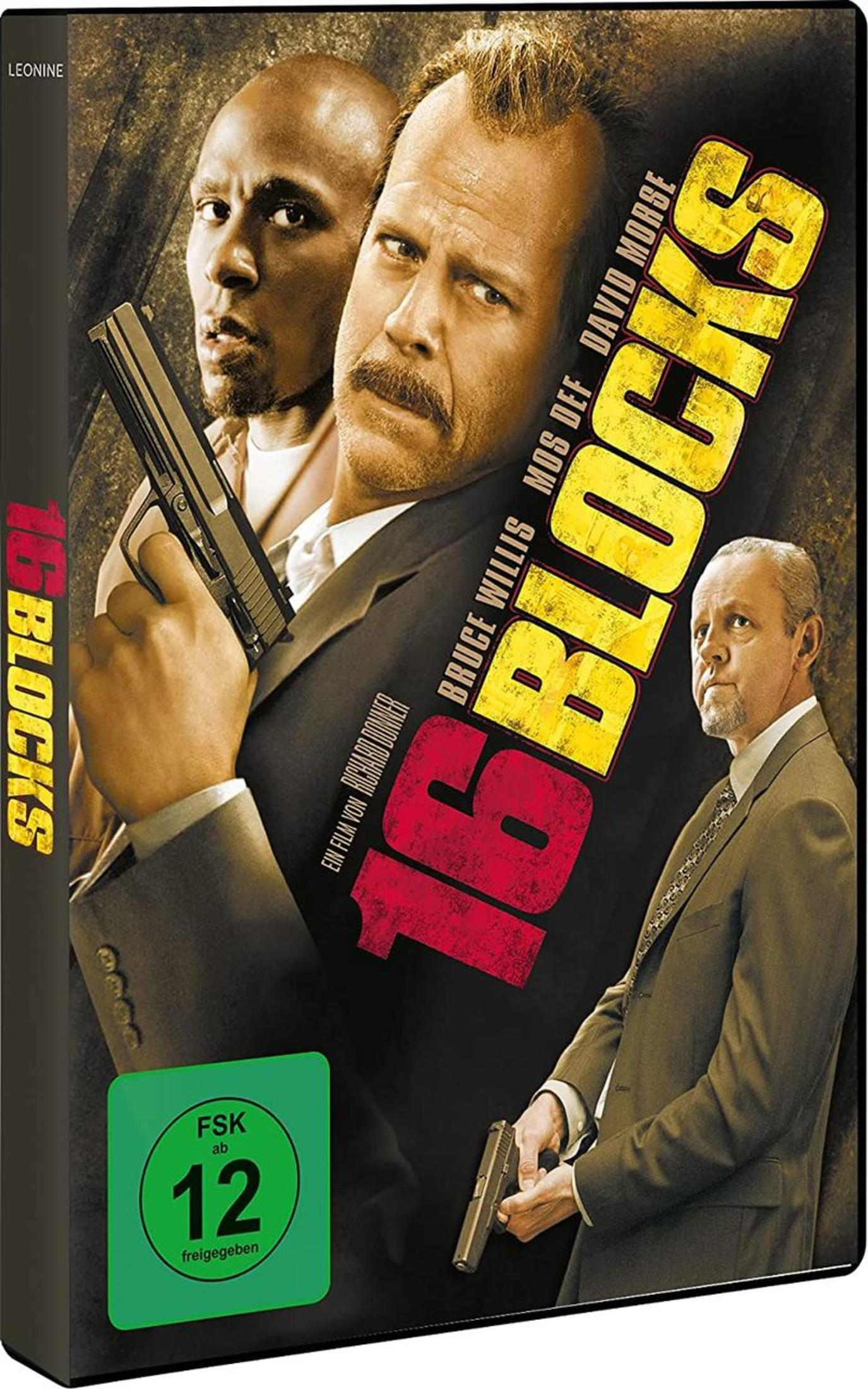 DVD-Cover von 16 Blocks mit Bruce Willis, der eine Waffe hält, und den Hauptdarstellern im Hintergrund.