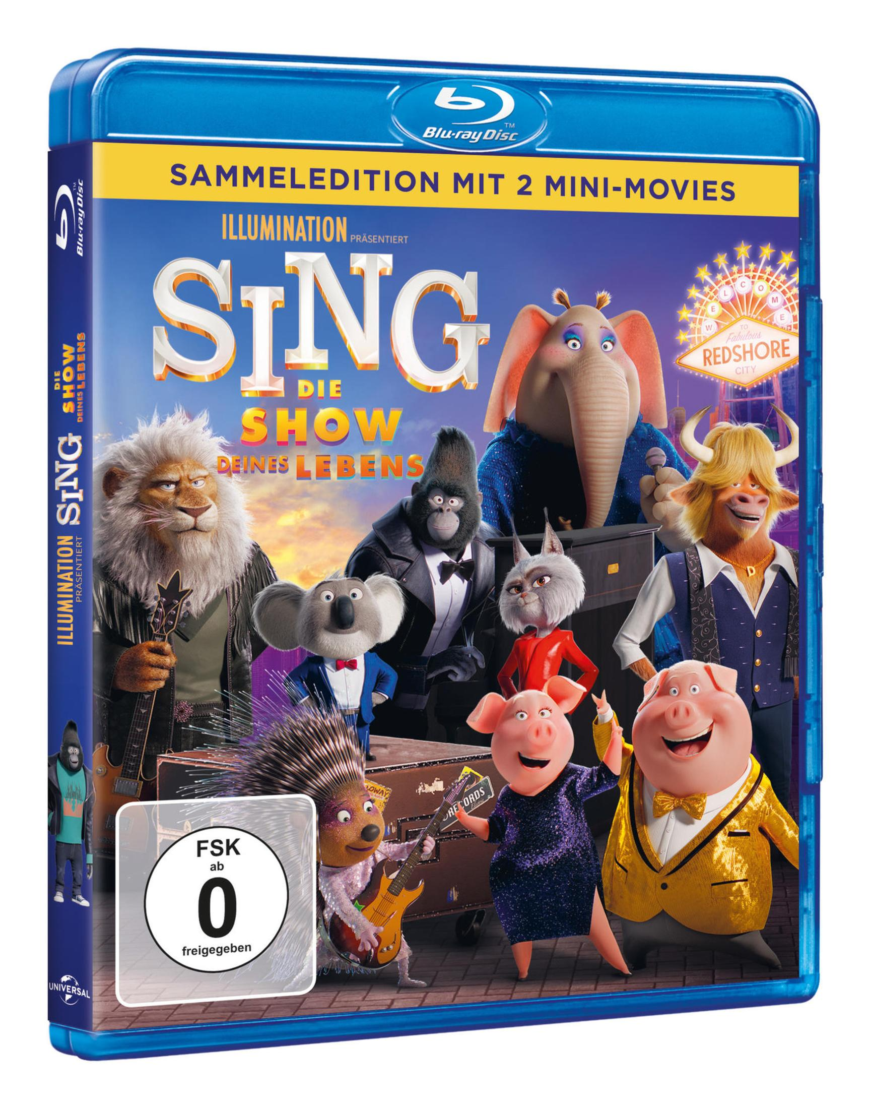 Sing 2 Blu-ray-Hülle mit animierten Tiercharakteren wie einem Löwen, Elefanten, Schweinen und einem Koala.