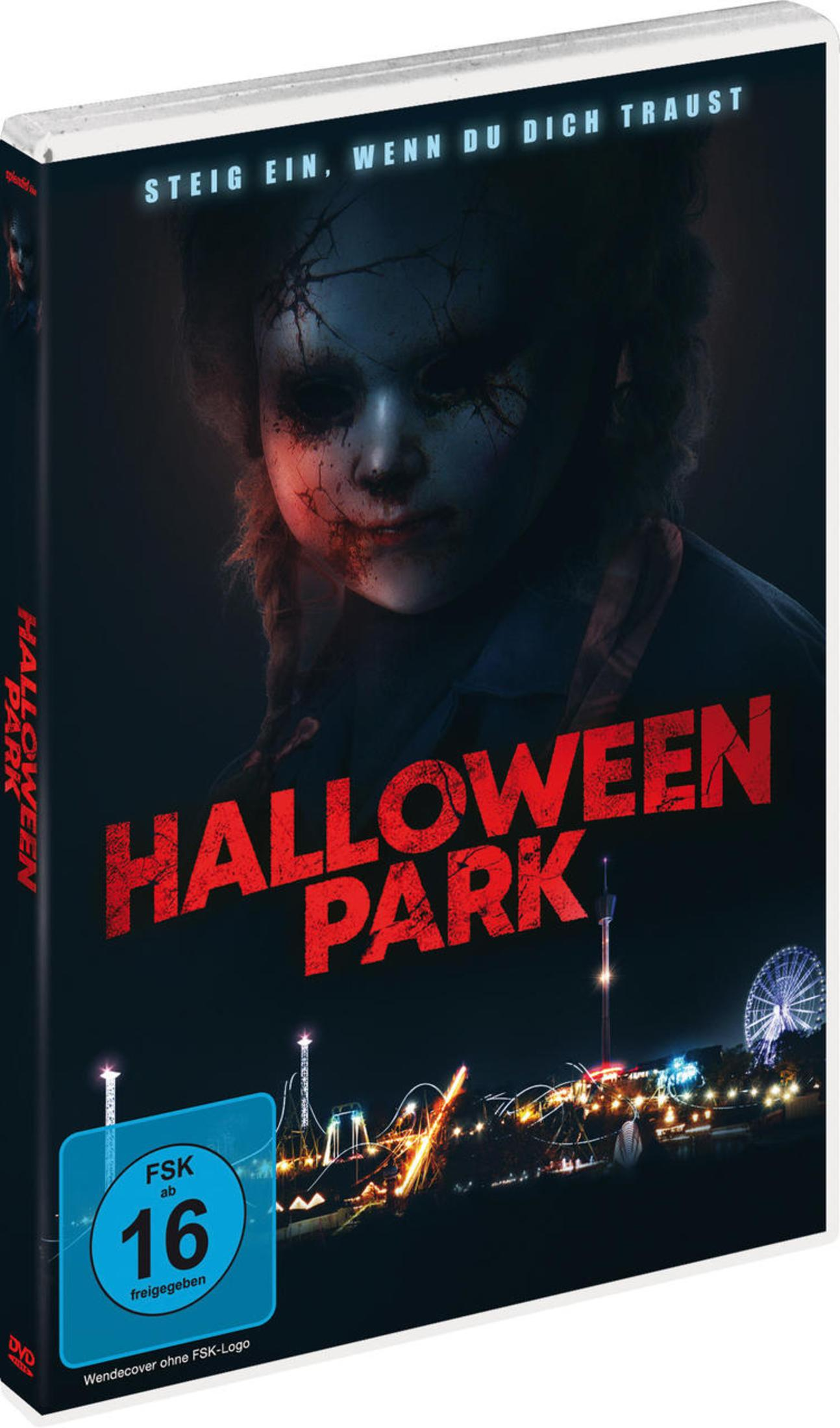 DVD-Cover von Halloween Park mit gruseligem Gesicht im Vordergrund und erleuchtetem Vergnügungspark bei Nacht.