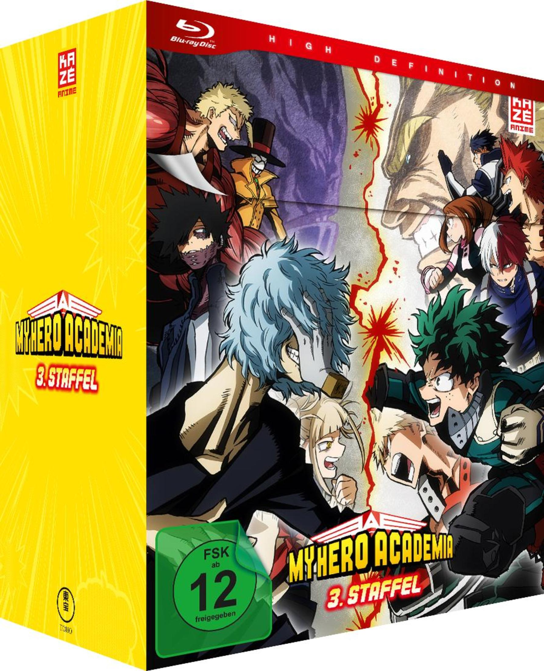 My Hero Academia Staffel 3 Blu-ray-Box mit Helden und Schurken in einem dynamischen Kampf.