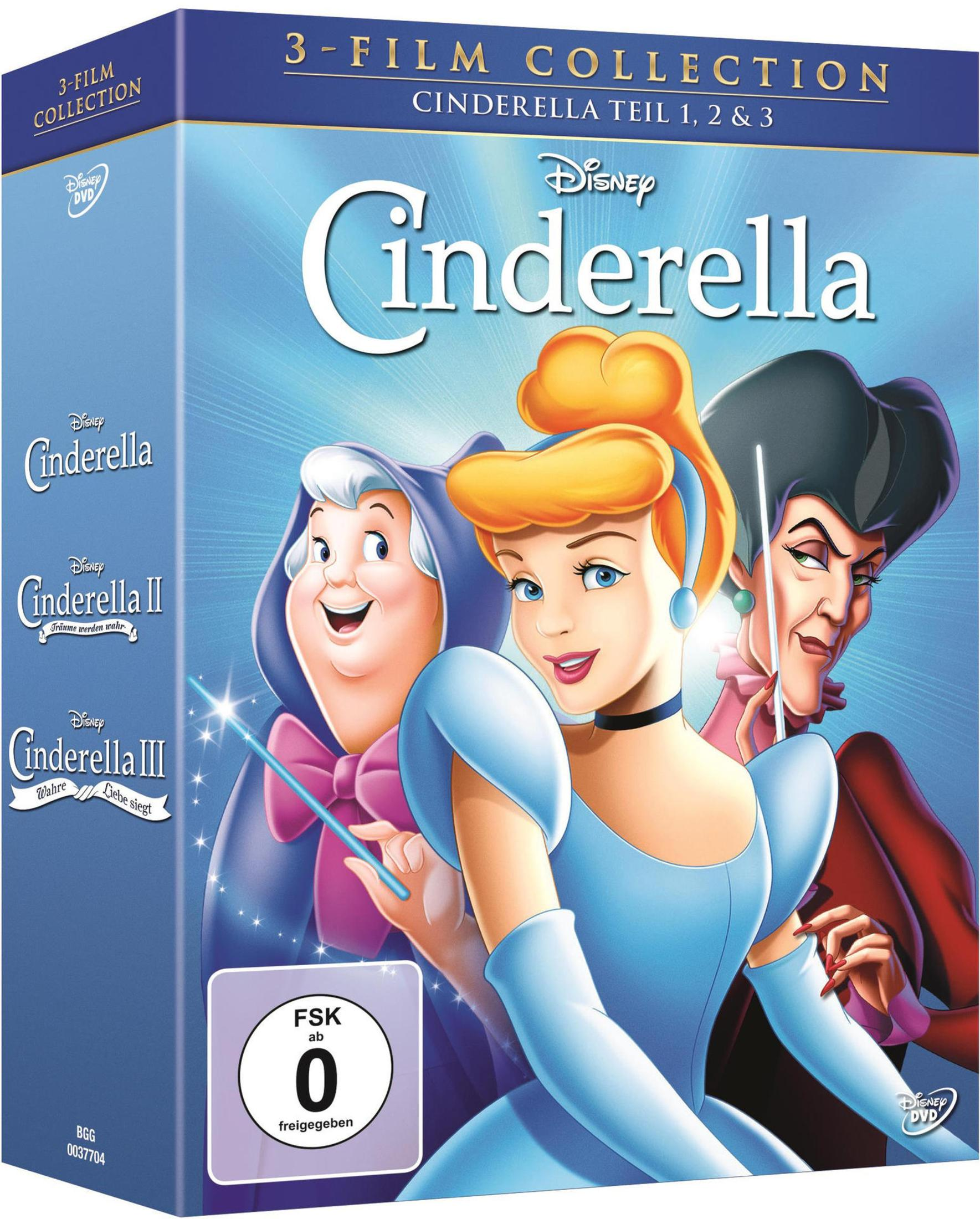 DVD-Hülle der Cinderella 3-Film-Collection mit Cinderella, der guten Fee und der bösen Stiefmutter.