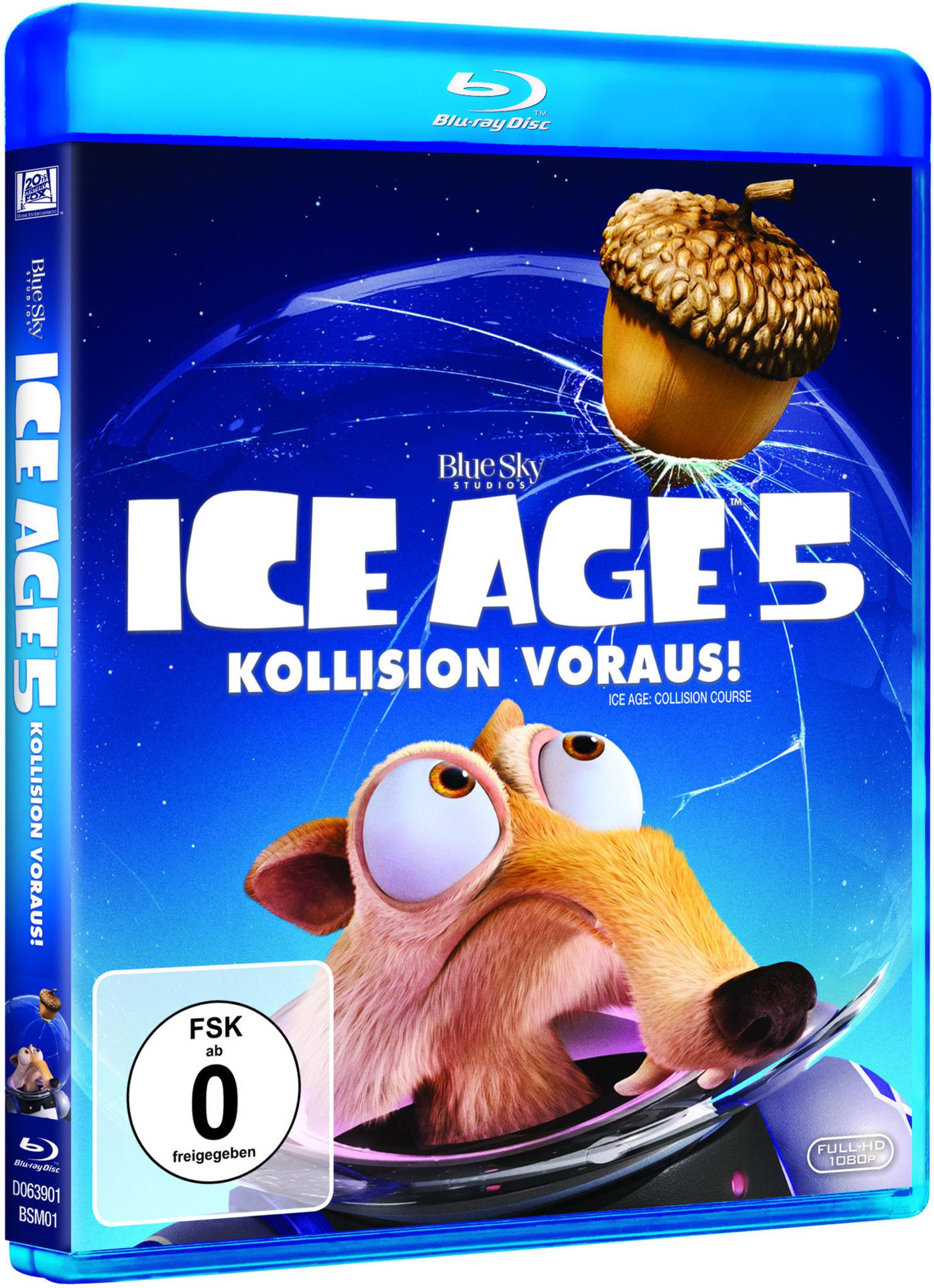 Blu-ray-Hülle von Ice Age 5, Kollision voraus! mit Skrat und einer Eichel vor blauem Hintergrund.