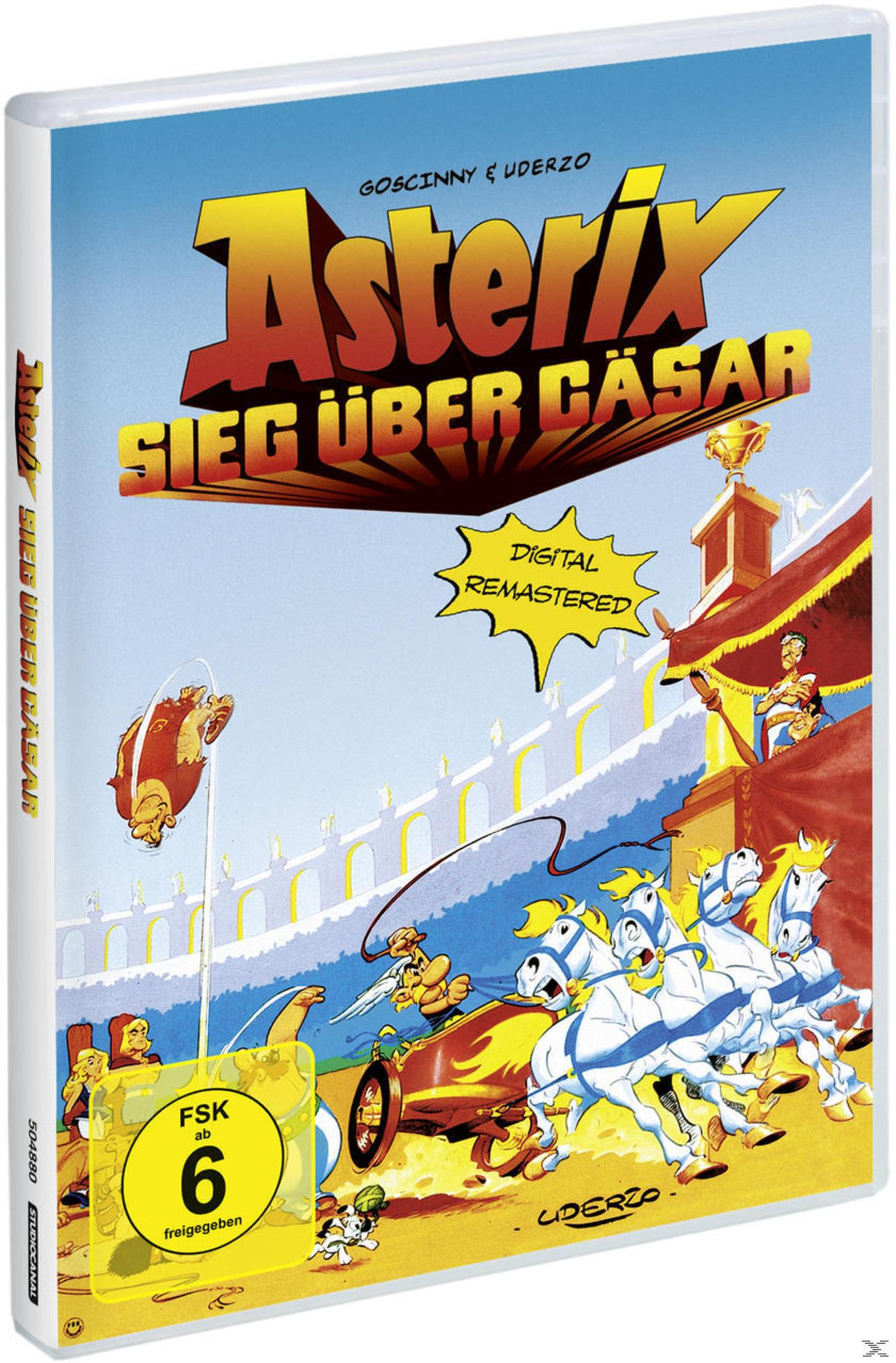 DVD-Cover von Asterix - Sieg über Cäsar mit Wagenrennen, Cäsar auf der Tribüne und FSK-6-Siegel.