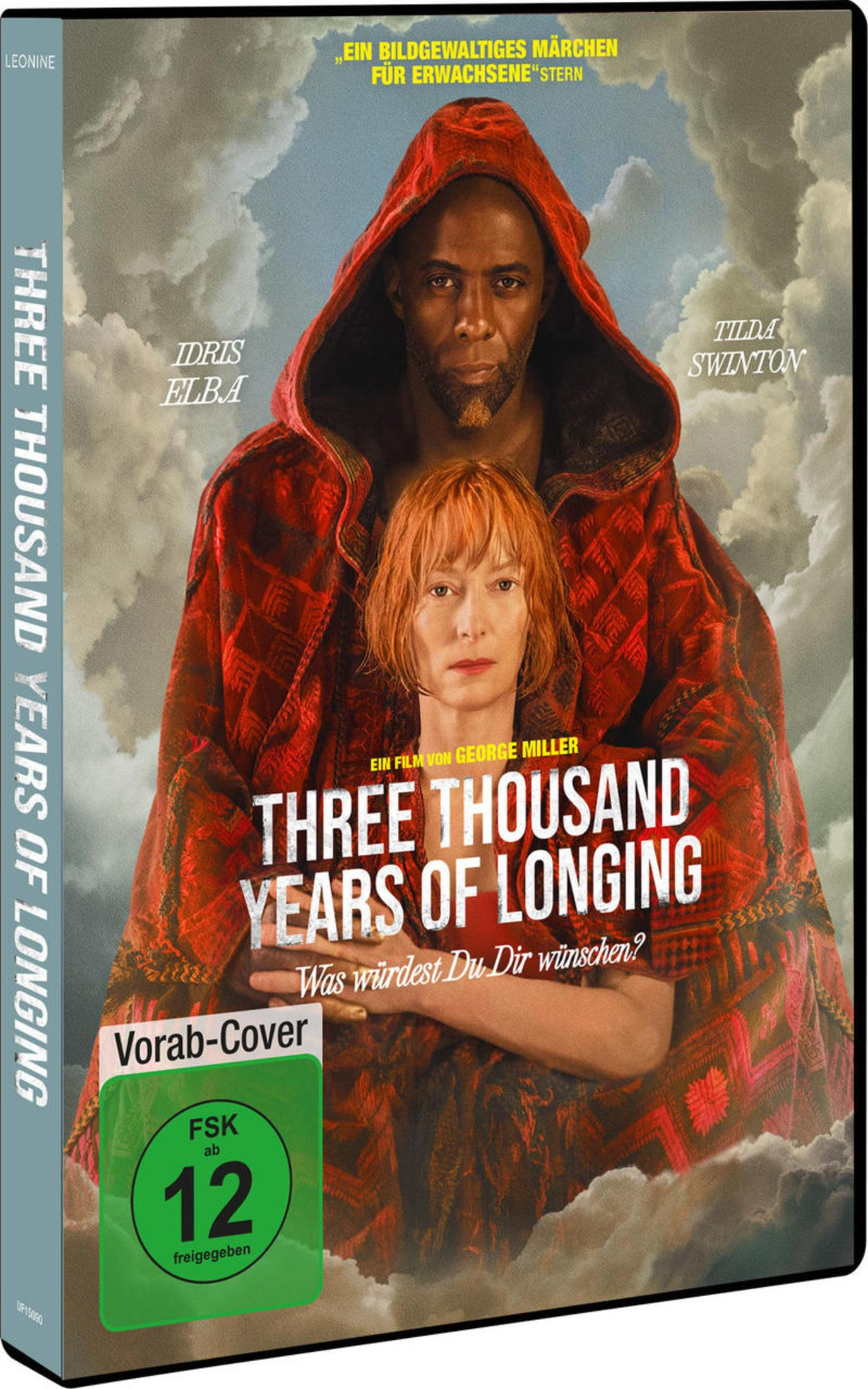 DVD-Cover von Three Thousand Years of Longing mit Idris Elba und Tilda Swinton in roten Roben vor Wolkenhimmel.