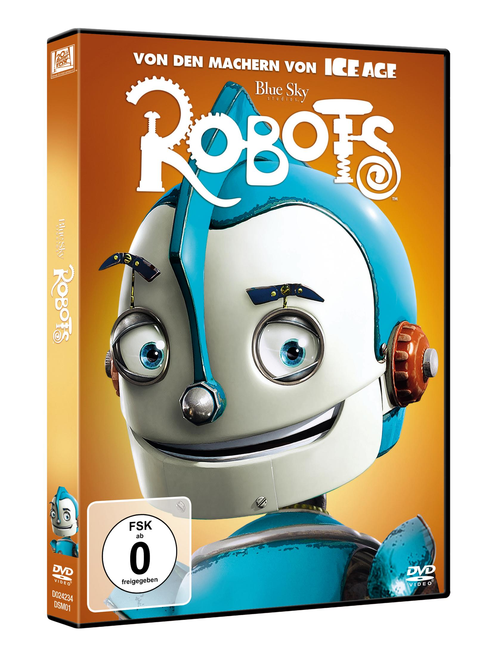 DVD-Hülle des Animationsfilms 'Robots' mit dem blauen Hauptcharakter auf orangefarbenem Hintergrund.