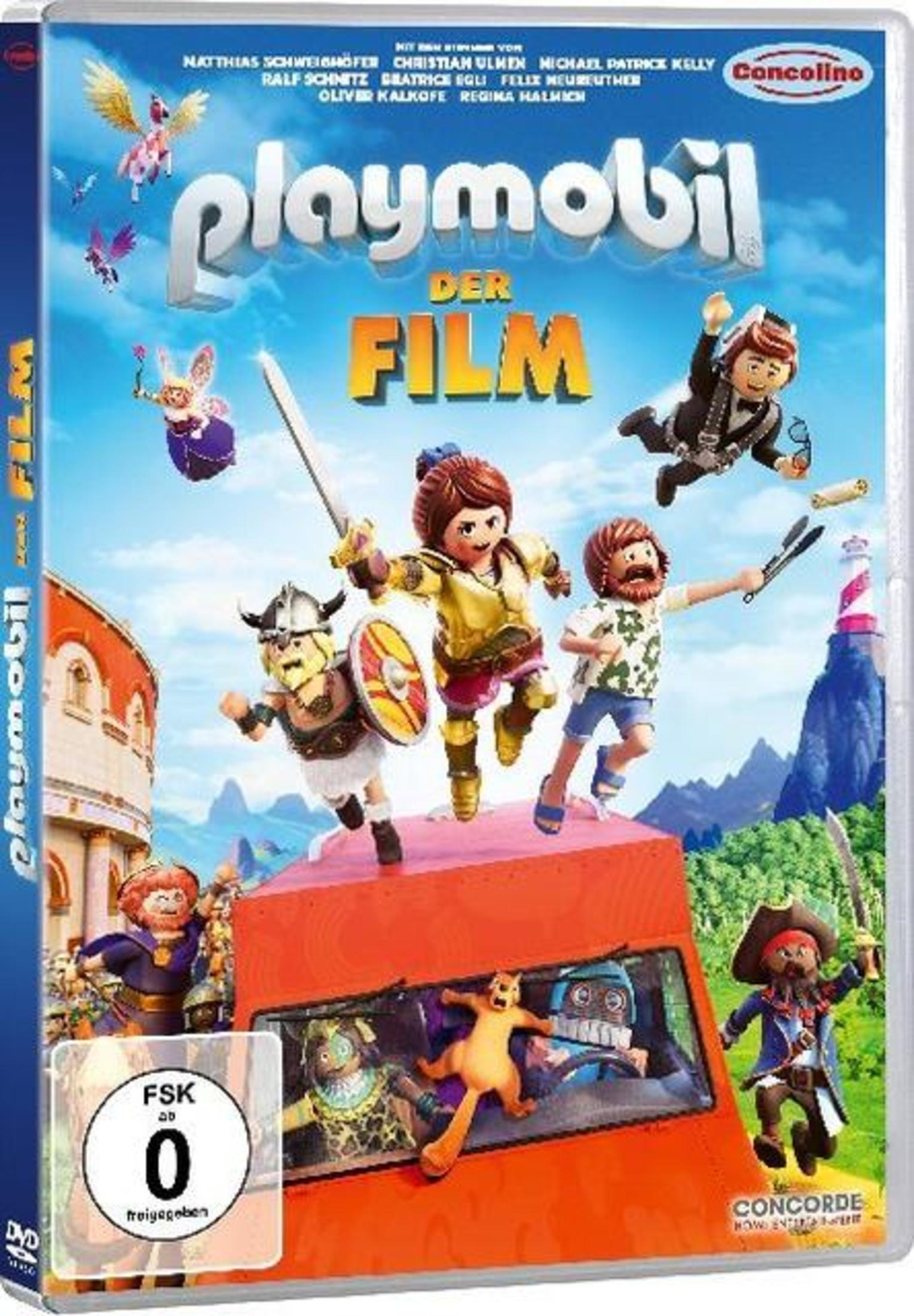 DVD-Cover von Playmobil: Der Film mit verschiedenen Charakteren und einer roten Kutsche vor einer bunten Landschaft.