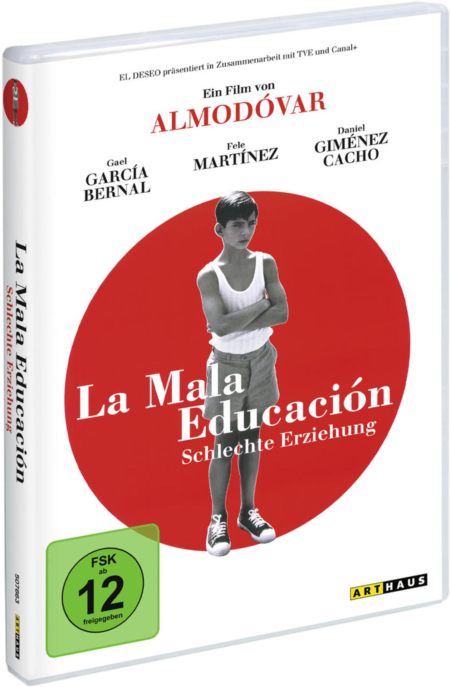 DVD-Cover zum Almodovar-Film La Mala Educacion mit einem Jungen in einem roten Kreis, Text und FSK-12-Freigabe.