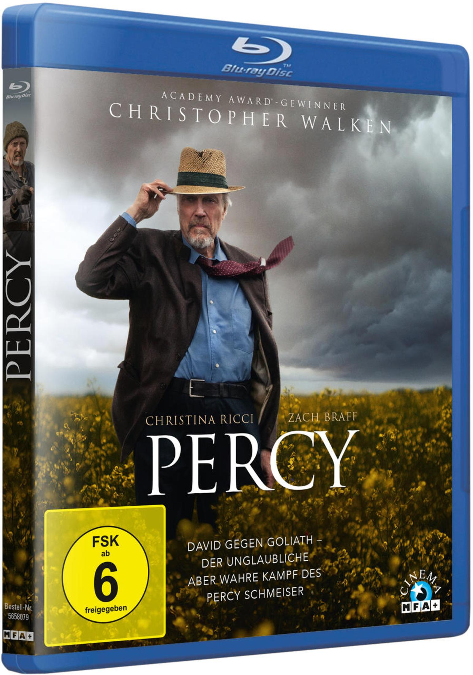 Blu-ray-Hülle für Percy mit Christopher Walken in einem gelben Feld bei stürmischem Himmel.