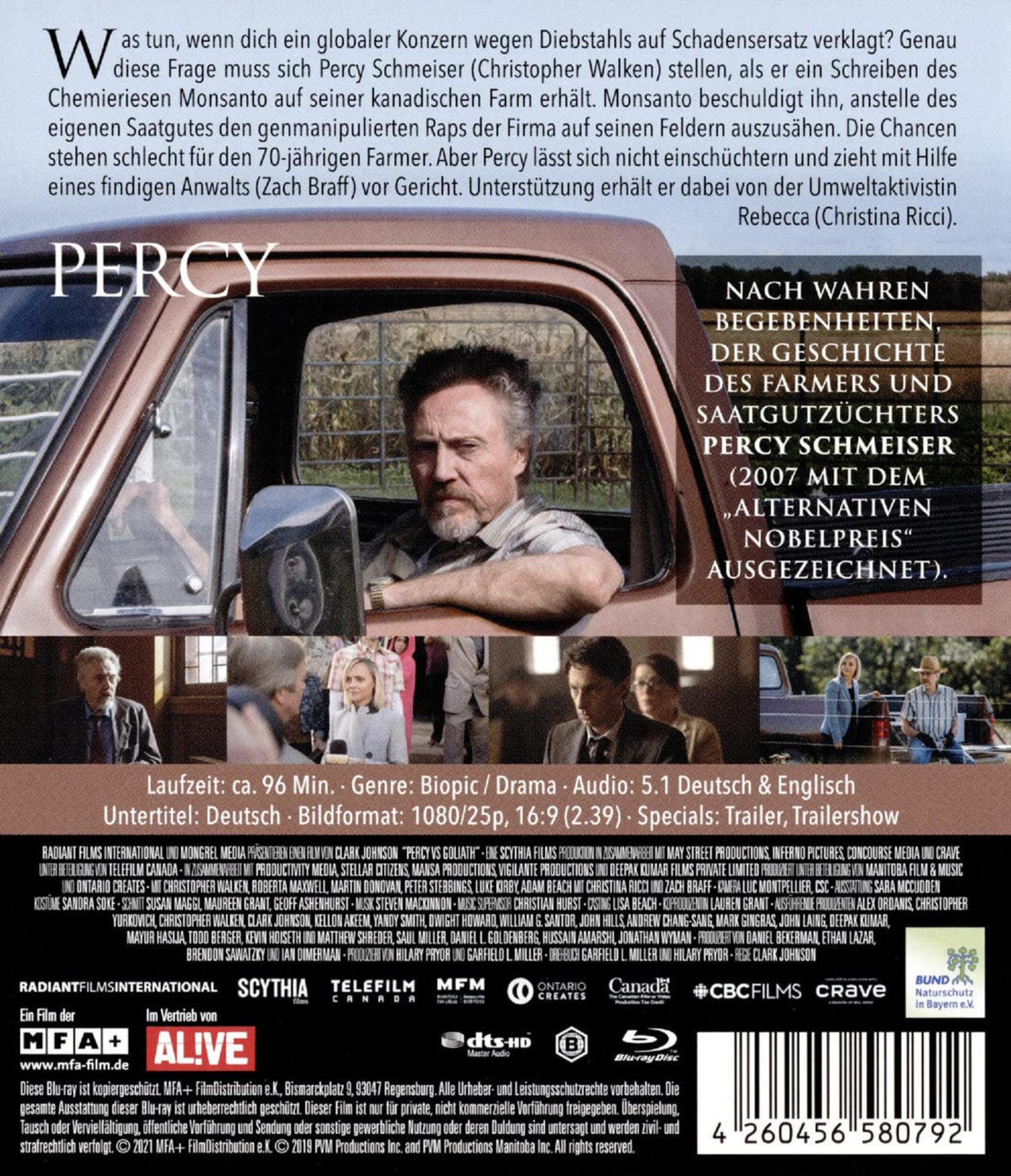 Blu-ray-Cover des Films Percy mit Christopher Walken in einem braunen Pick-up, umgeben von Text und Szenenbildern.