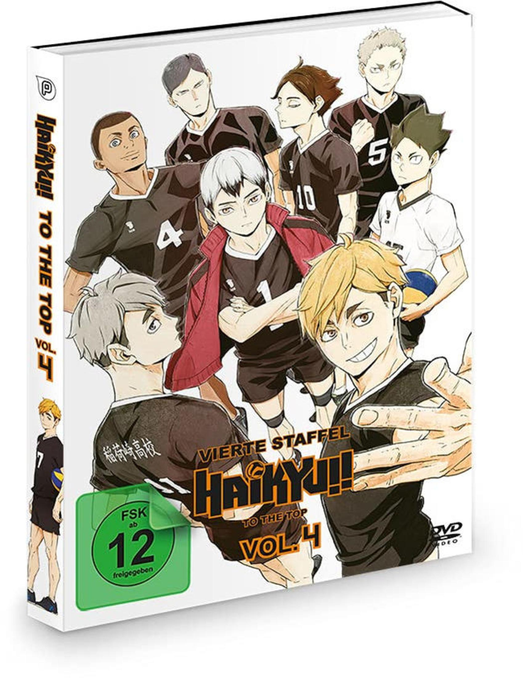 Anime-Cover für Haikyu!! To The Top Vol. 4 mit verschiedenen Volleyballspielern in schwarz-weißen Trikots.