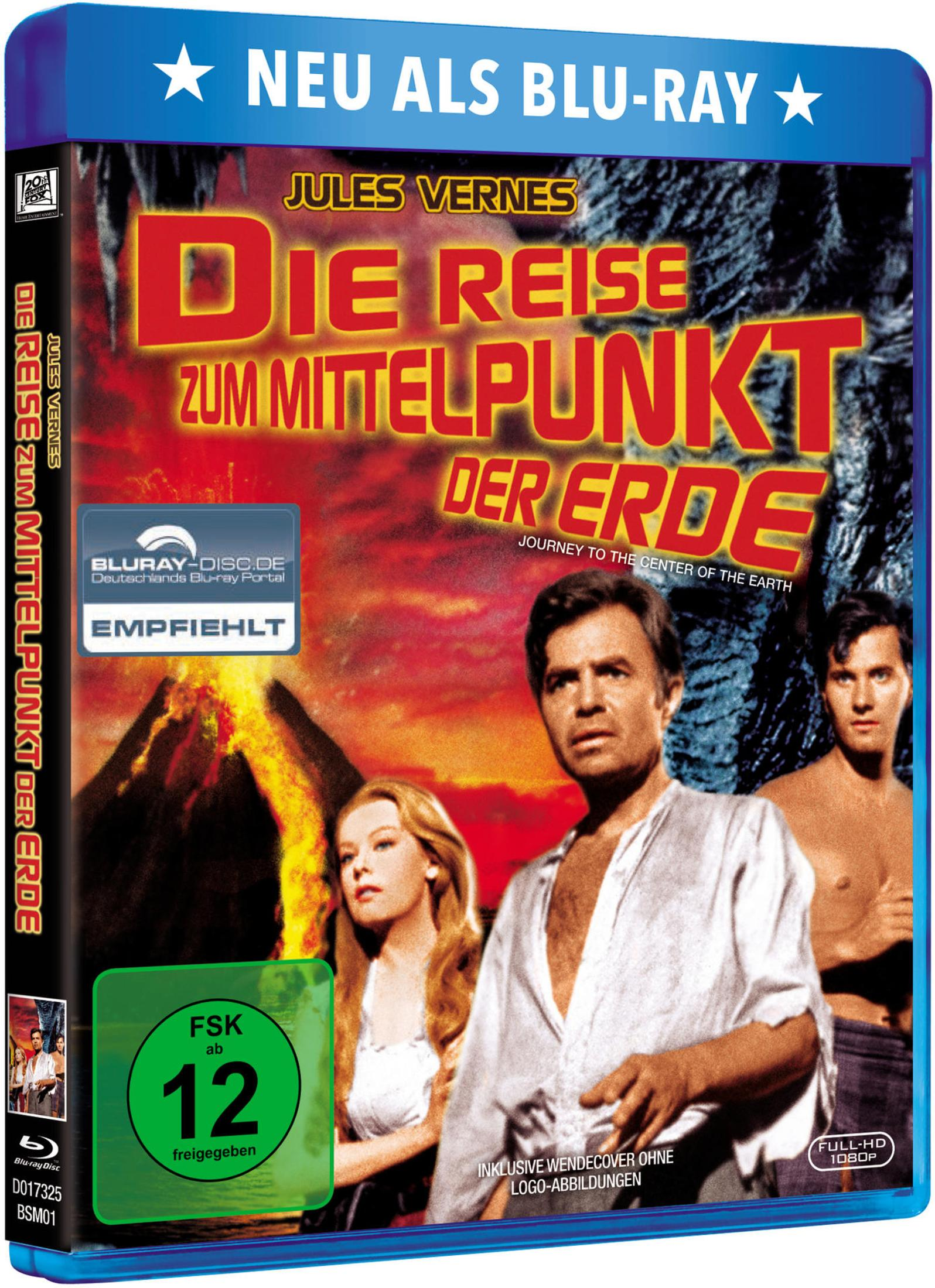 Blu-ray-Hülle des Films Die Reise zum Mittelpunkt der Erde mit drei Darstellern vor einem Vulkan.