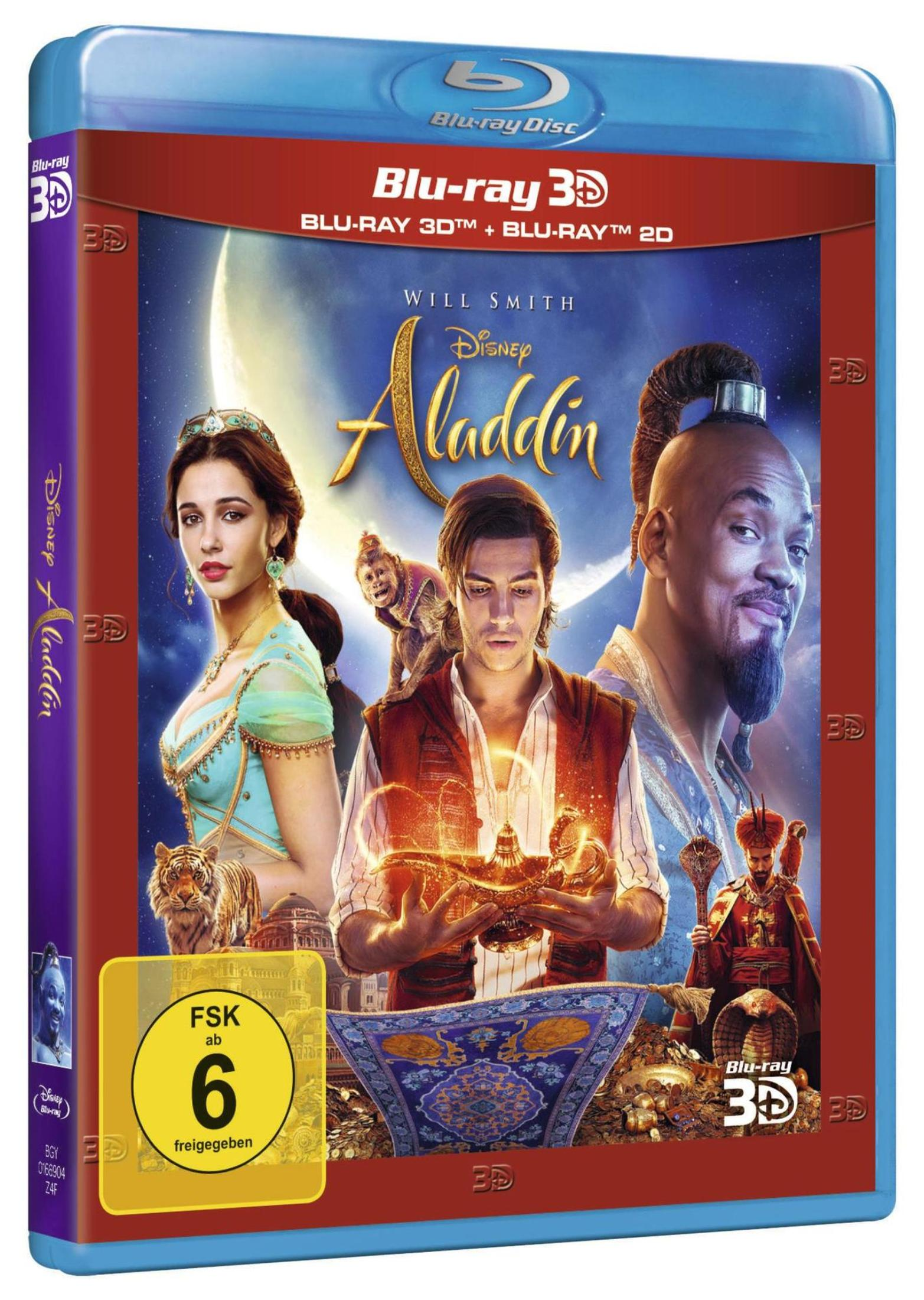 Blu-ray 3D Cover von Disneys Aladdin mit Charakteren und magischer Lampe.