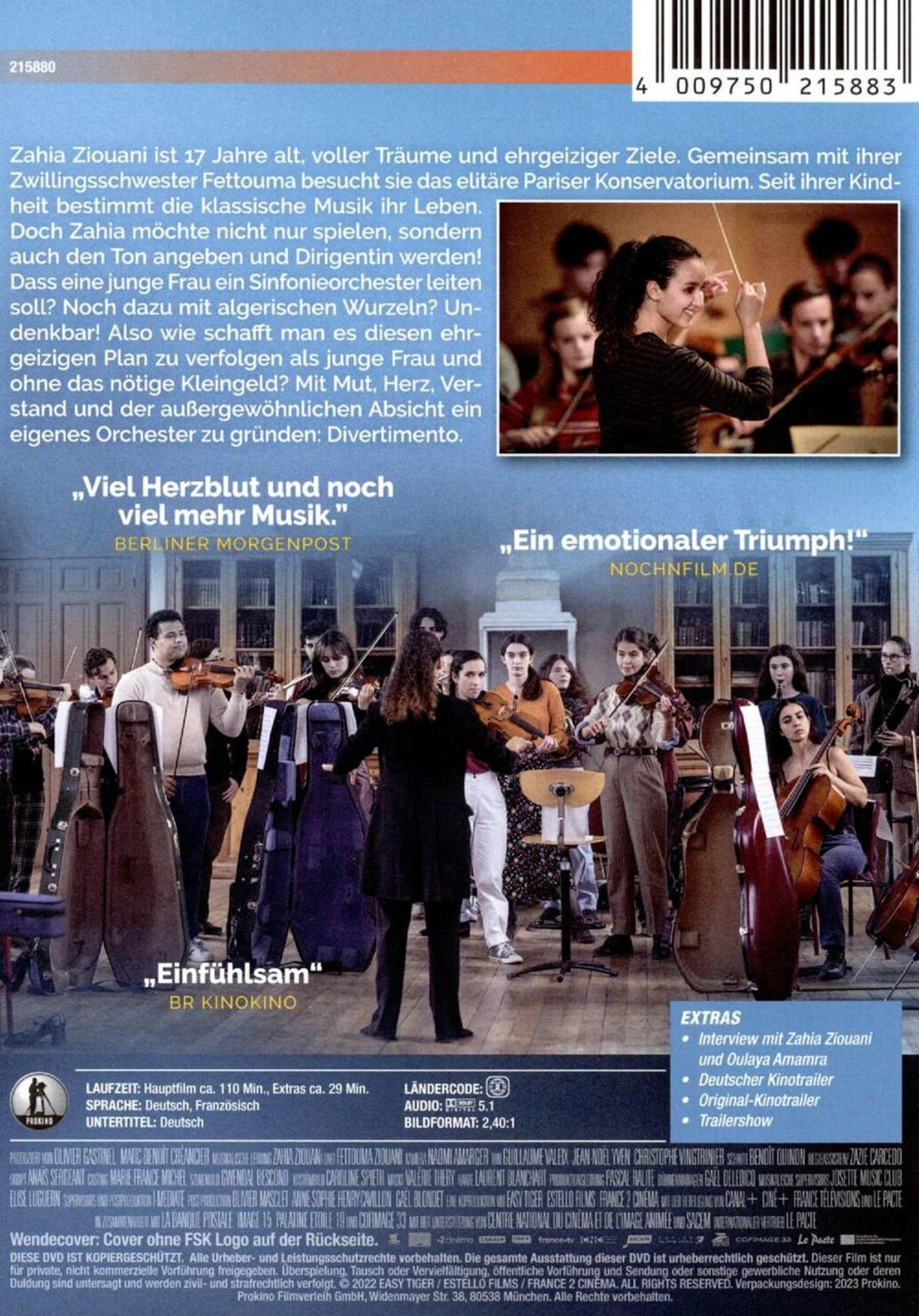DVD-Rückseite des Films Divertimento mit Orchester und Dirigentin vor Bücherregalen.