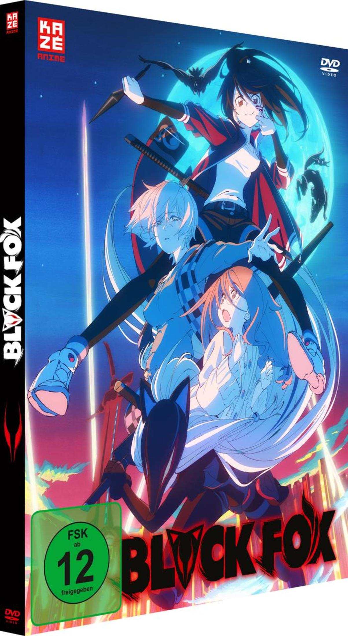 Anime-DVD-Cover "Black Fox" mit drei Charakteren und einem Fuchs vor blauem Hintergrund.