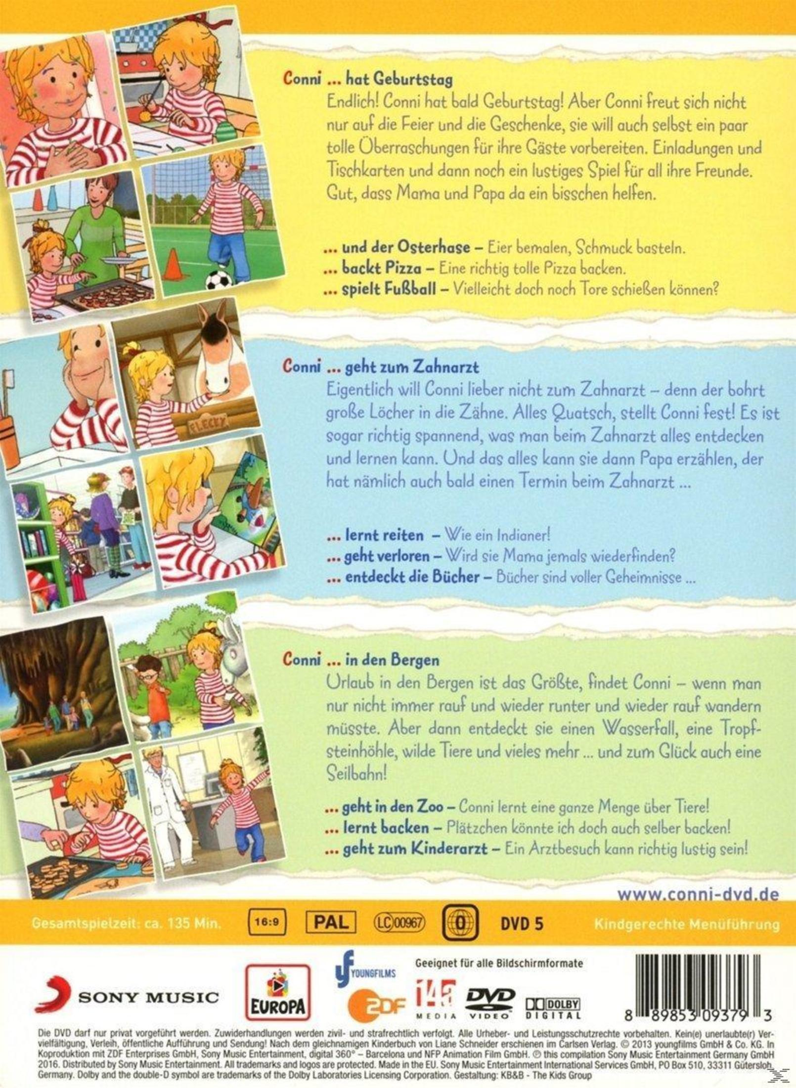 DVD-Rückseite mit bunten Conni-Illustrationen, Texten und Logos.