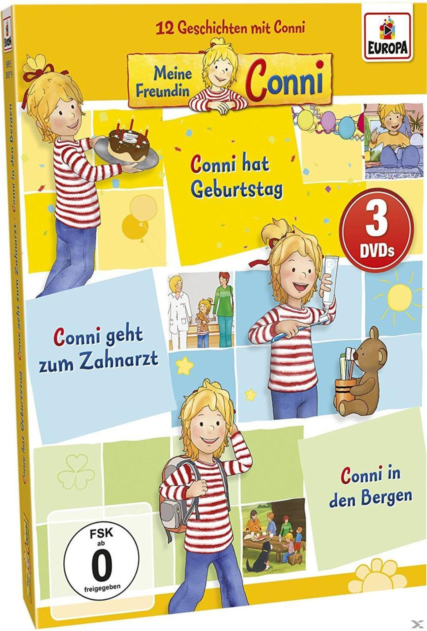 DVD-Cover mit der blonden Zeichentrickfigur Conni bei verschiedenen Abenteuern und bunten Titeln.