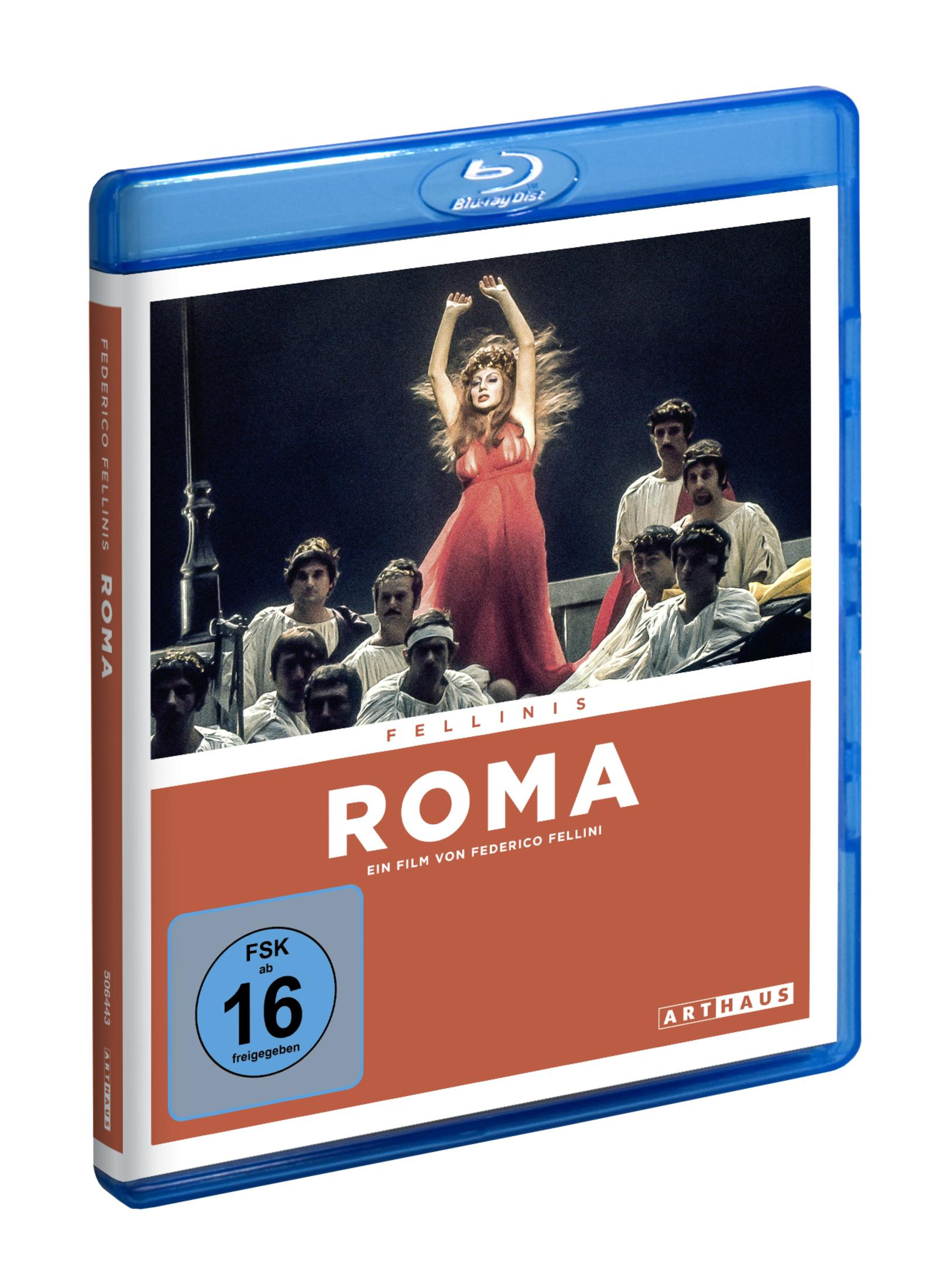 Blu-ray-Hülle des Films Roma von Federico Fellini, mit einer rot gekleideten Frau und Männern in antiker Kleidung.