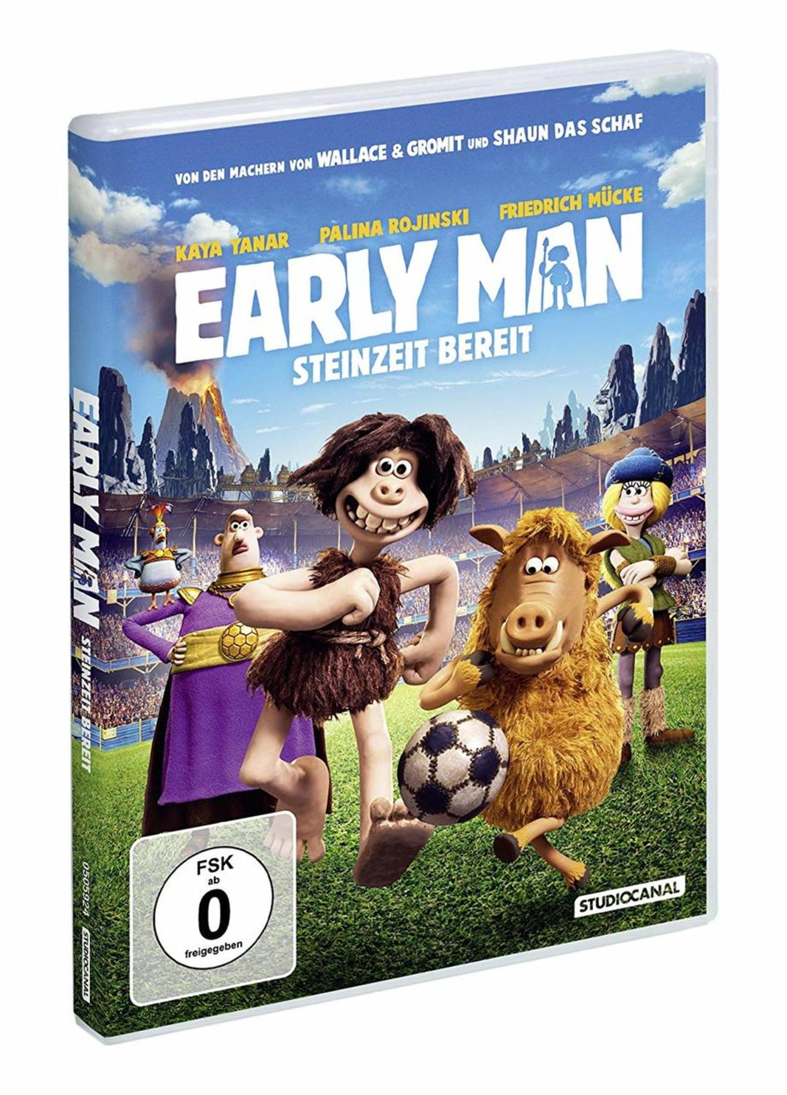 DVD-Cover des Animationsfilms "Early Man" mit steinzeitlichen Figuren auf einem Fußballfeld vor einem Vulkan.