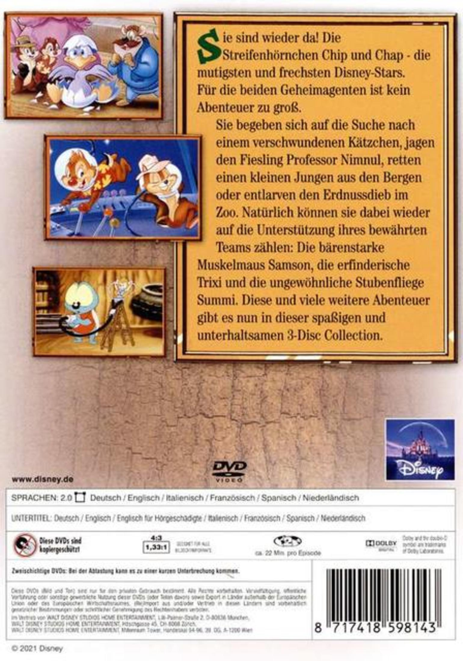 Rückseite einer Chip und Chap DVD mit Bildern, deutscher Beschreibung, DVD-Symbolen und einem Strichcode.