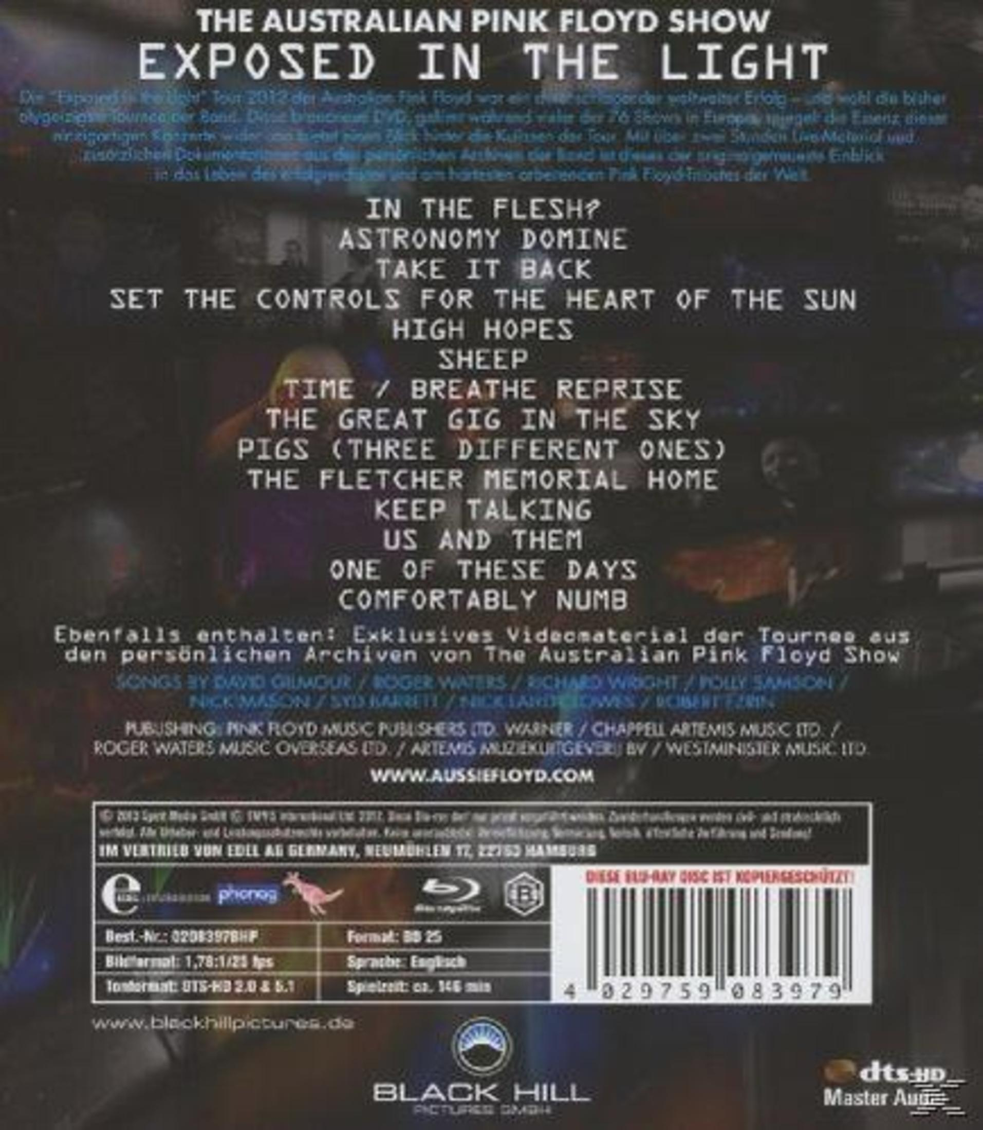 Rückseite der Blu-ray von The Australian Pink Floyd Show mit Songliste, Texten und Barcode auf dunklem Hintergrund.