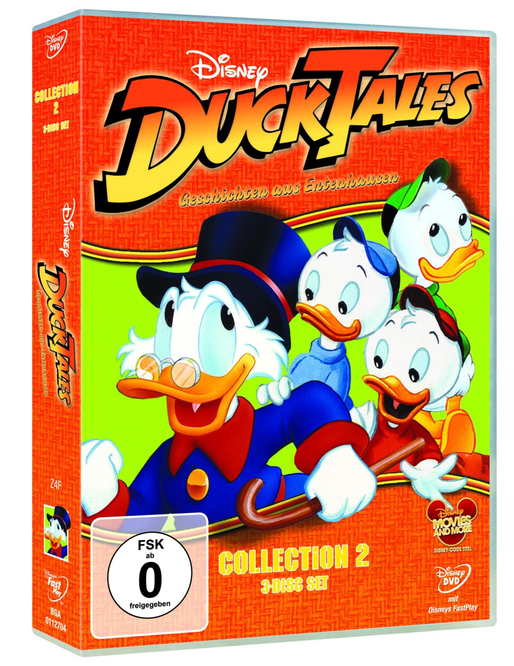 DVD-Cover von Disney DuckTales Collection 2 mit Dagobert Duck und seinen Neffen vor orangefarbenem Hintergrund.