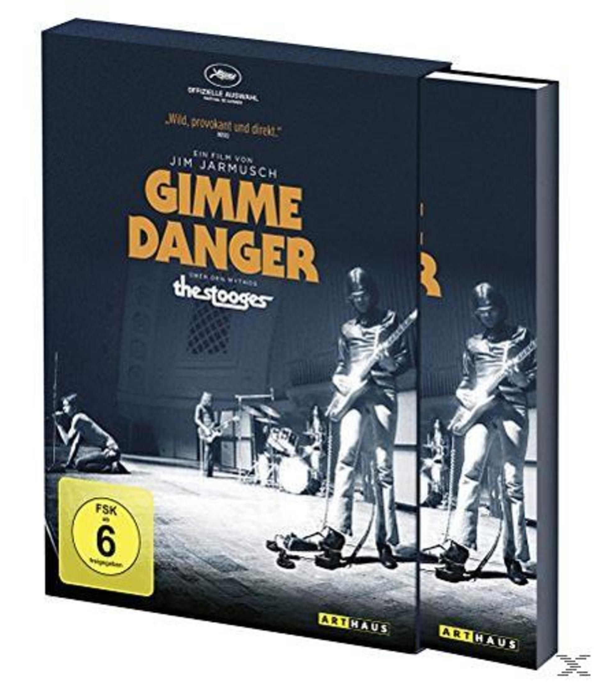 Blu-ray-Box des Films Gimme Danger mit schwarz-weißer Band auf dem Cover und gelbem FSK-6-Logo.