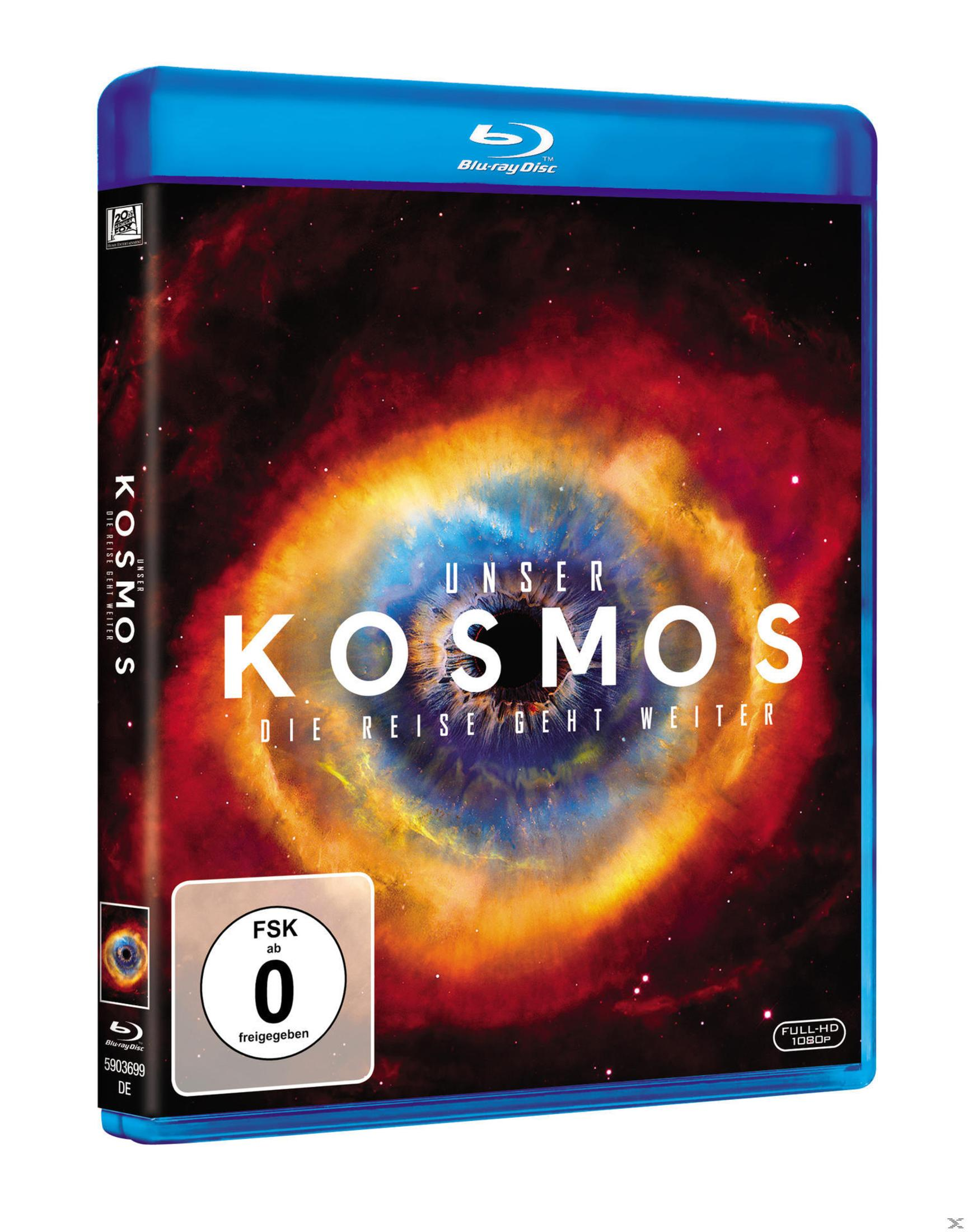 Blu-ray-Hülle von Unser Kosmos – Die Reise geht weiter mit einem bunten Nebel im Hintergrund.