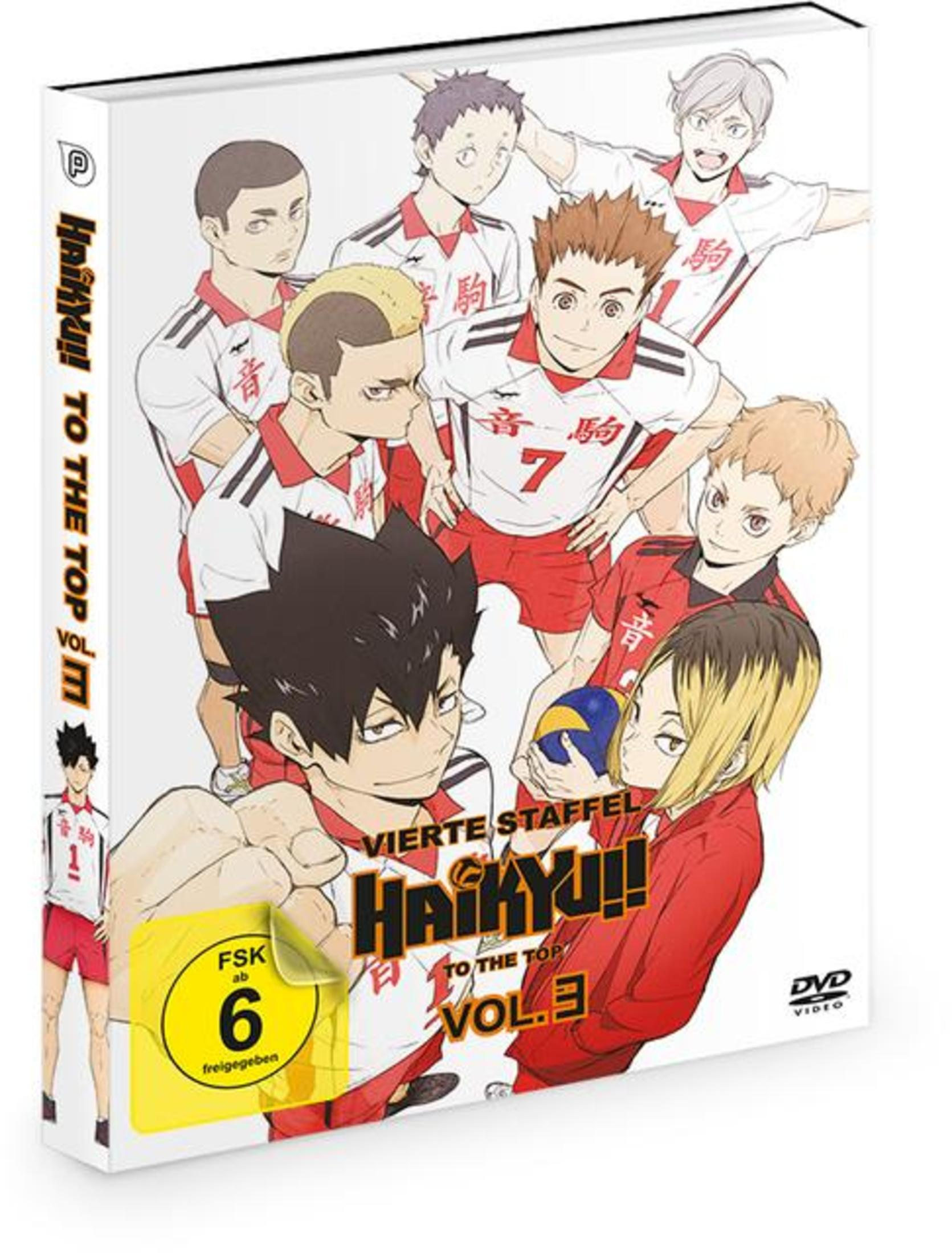 DVD-Hülle von Haikyu!! To the Top Vol. 3 mit Anime-Volleyballspielern in roten und weißen Trikots.