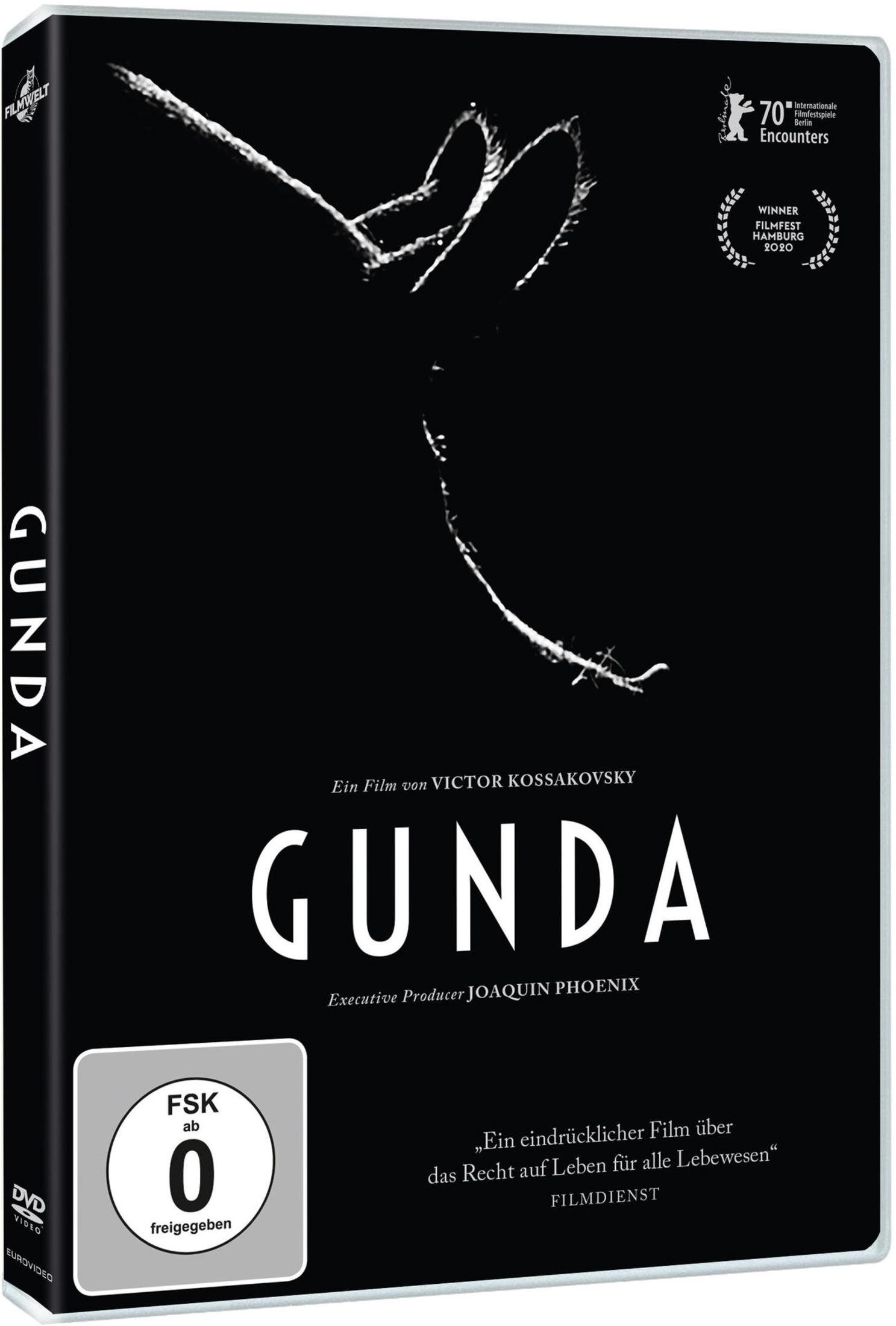 DVD-Hülle für GUNDA auf schwarzem Hintergrund mit weißer abstrakter Skizze, Festivalpreisen und FSK-0-Siegel.