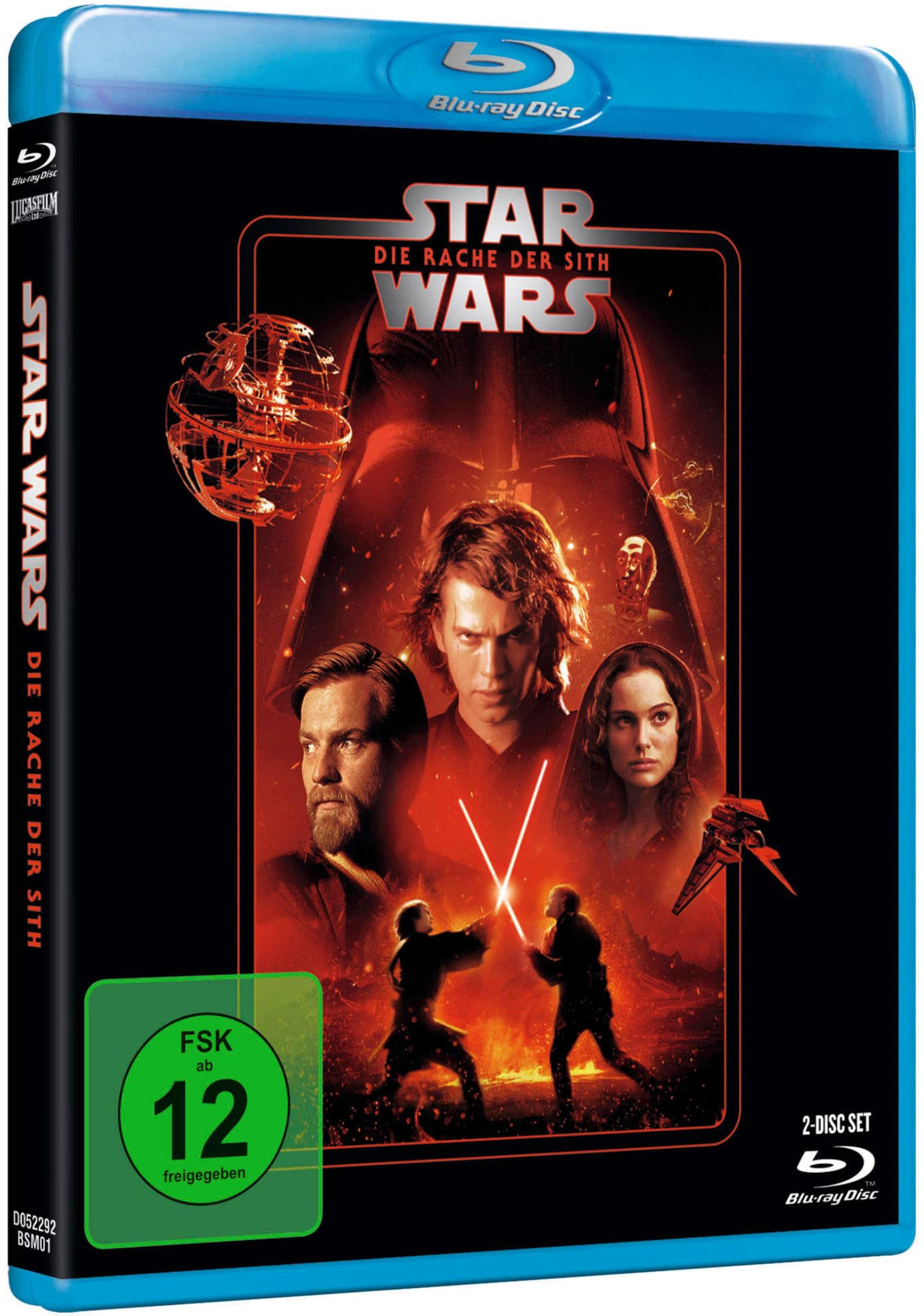 Star Wars Episode III Blu-ray-Hülle mit rotem Artwork von Anakin Skywalker, Obi-Wan Kenobi und Darth Vader.