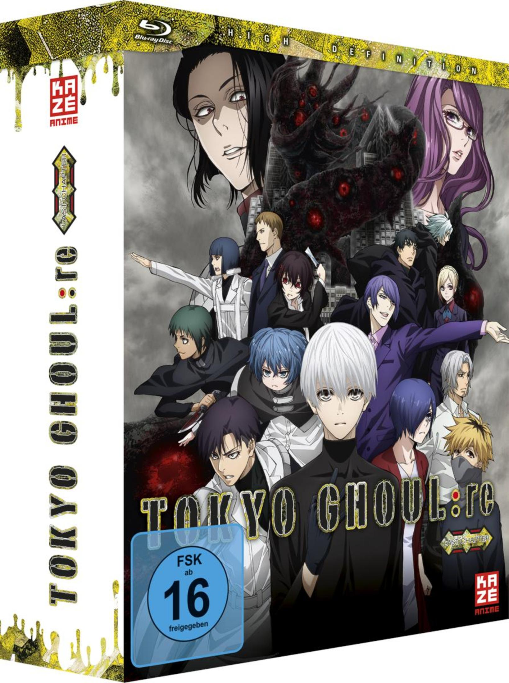 Blu-ray-Hülle von Tokyo Ghoul:re mit Anime-Charakteren und dunklen Monsterelementen.
