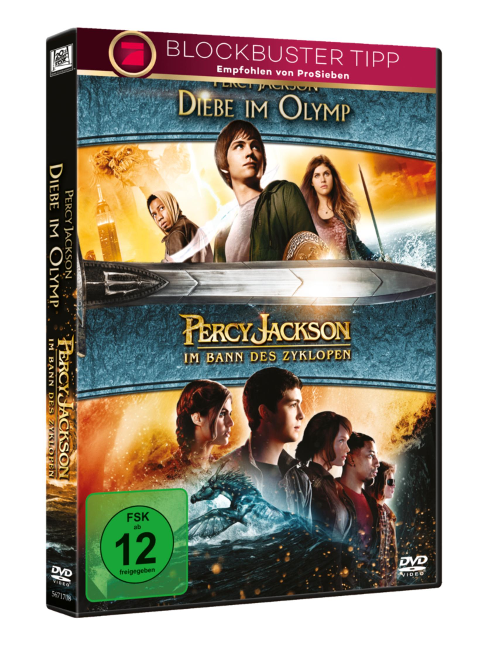DVD-Box mit zwei Percy-Jackson-Filmen, zeigt die Hauptcharaktere, eine riesige Schwertklinge und Meereswellen.