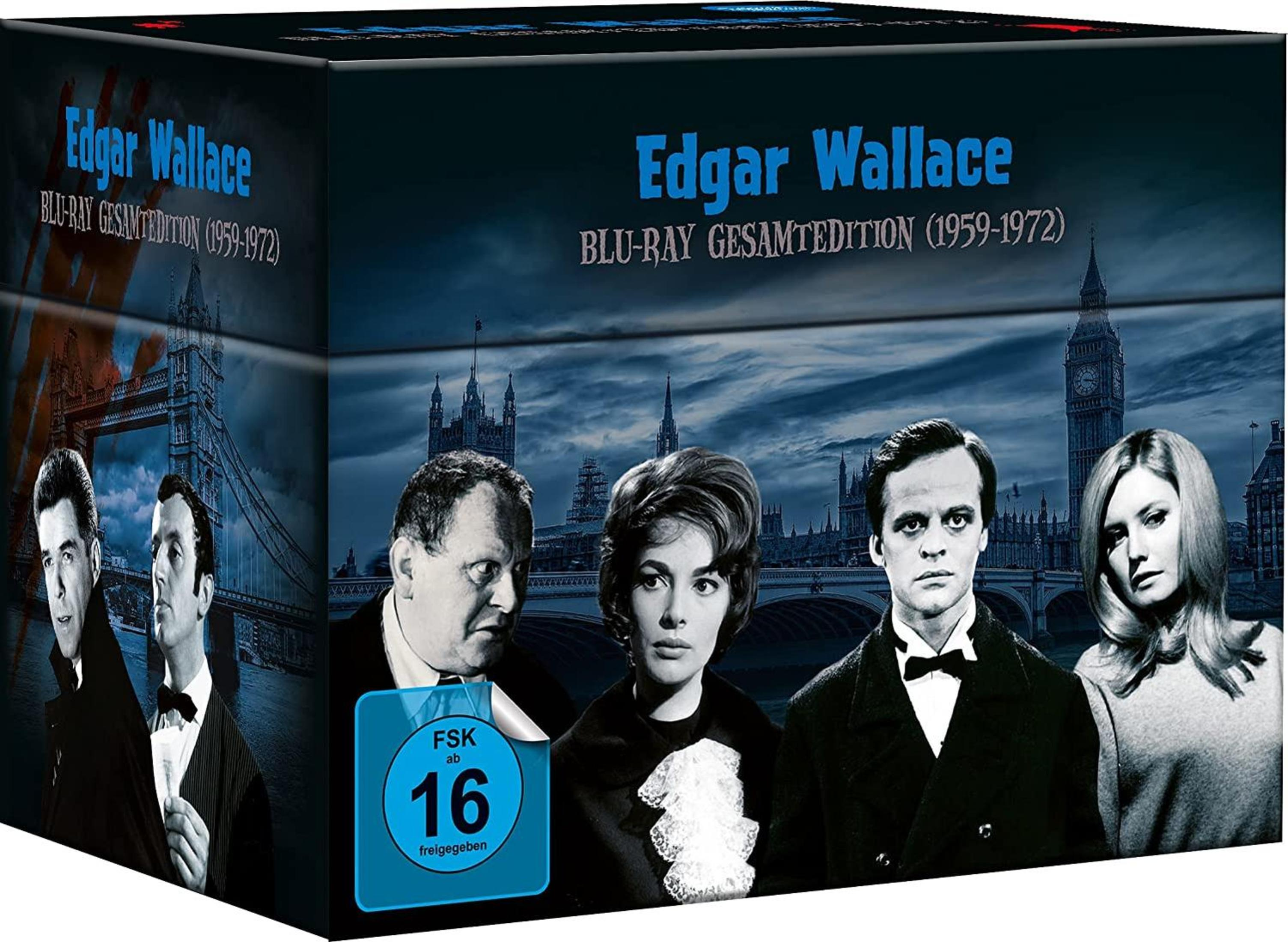 Edgar Wallace Blu-ray Gesamtedition Box mit London-Hintergrund und vier Schauspielern in Schwarz-Weiß.
