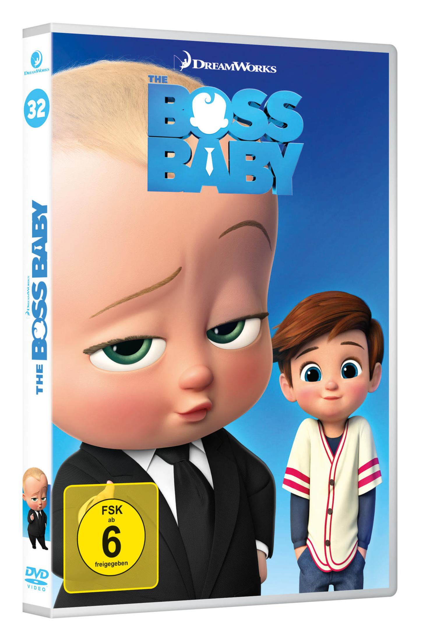 Die DVD-Hülle von The Boss Baby zeigt das Baby in einem Anzug neben einem älteren Jungen.