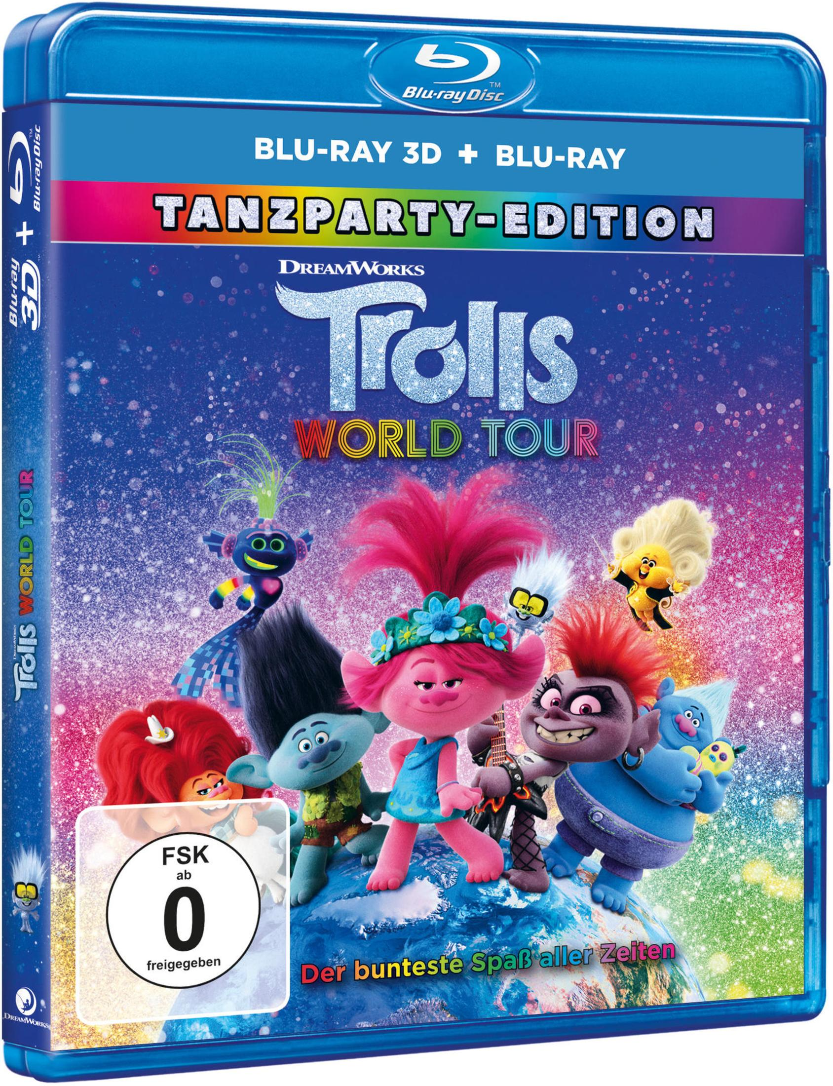 Blu-ray-Hülle des Animationsfilms "Trolls World Tour" mit bunten Charakteren vor einem glitzernden Hintergrund.