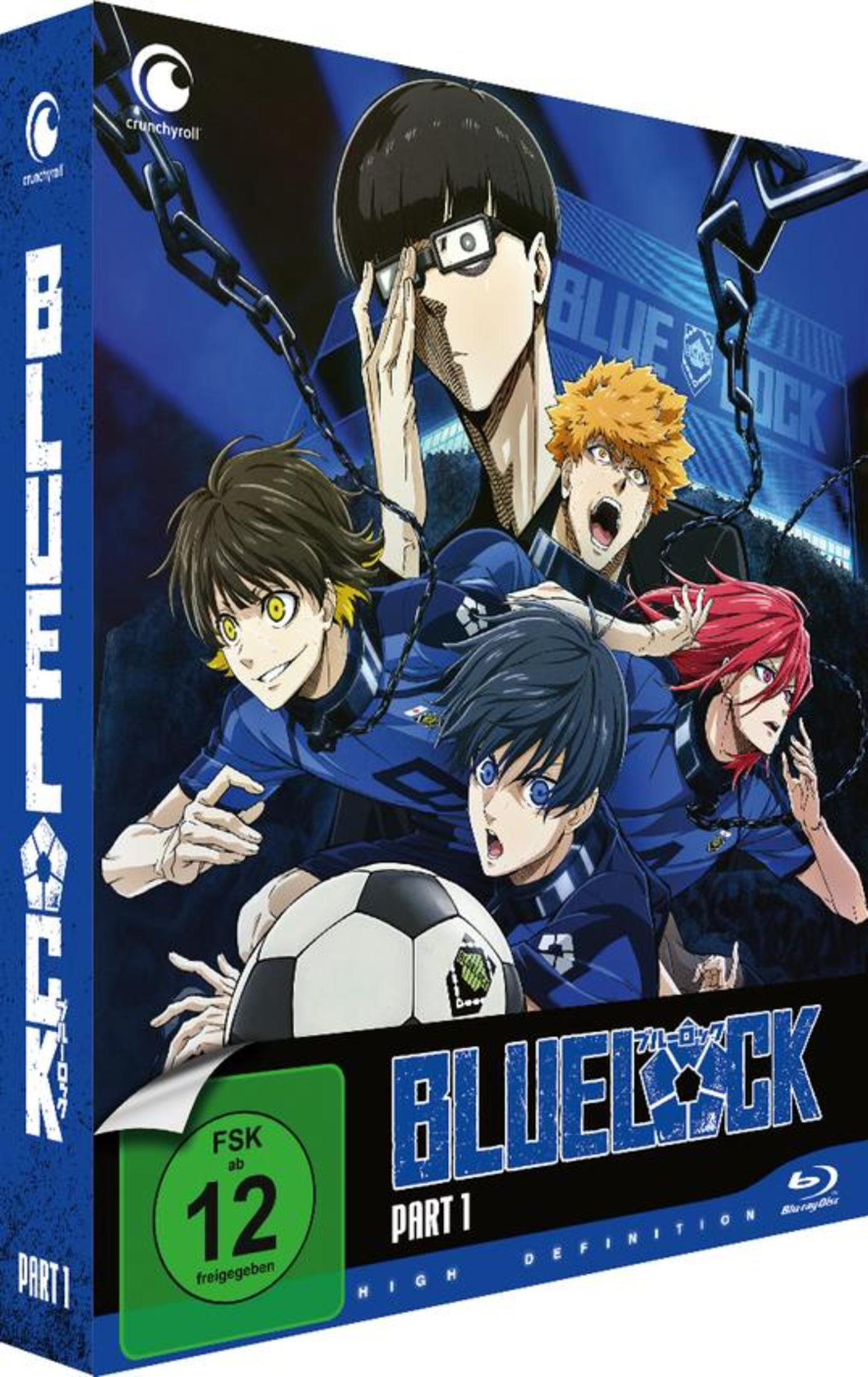Anime-Cover zeigt fünf Spieler in blauen Trikots mit einem Fußball vor dunklem Hintergrund.