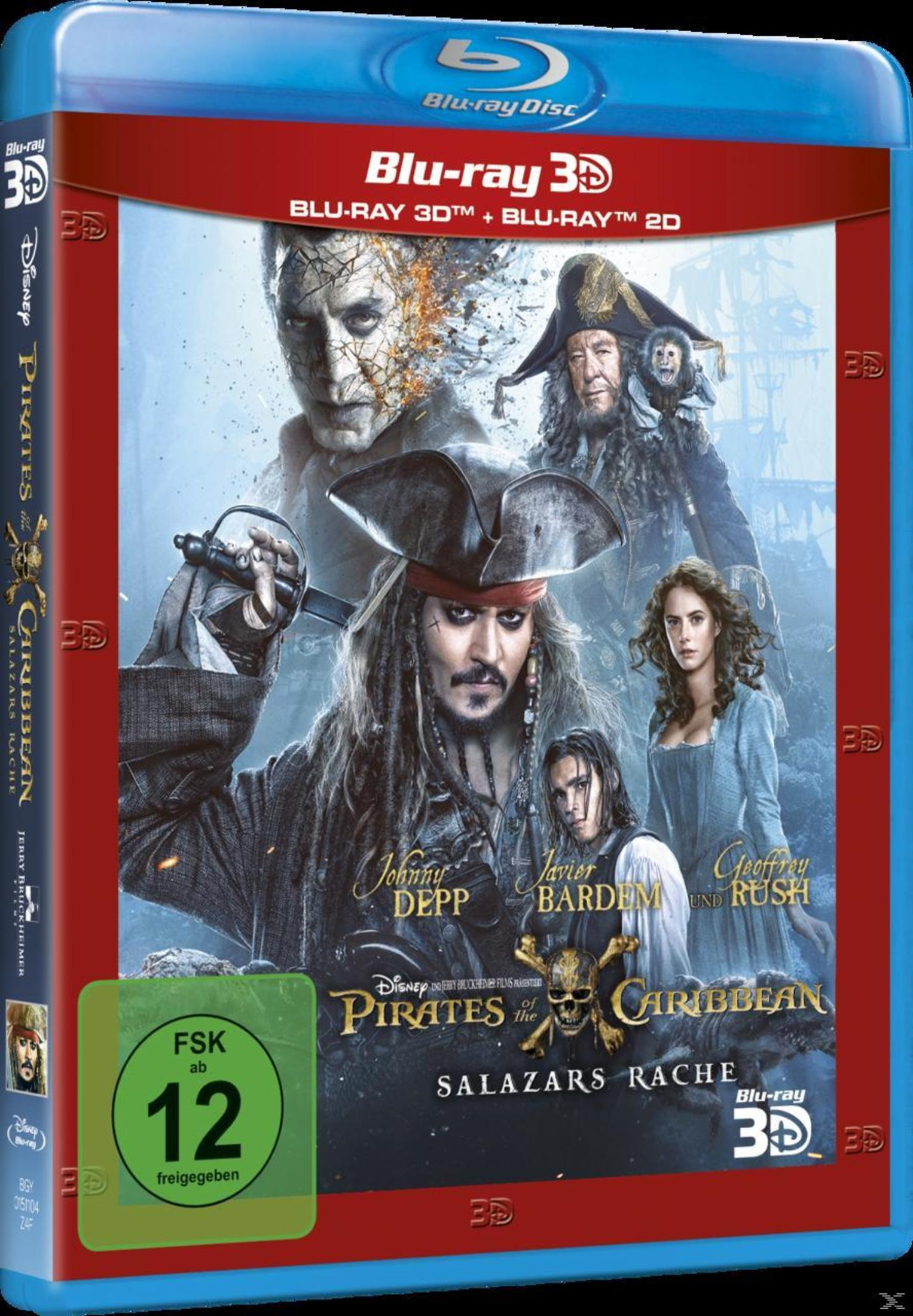 Pirates of the Caribbean Blu-ray 3D Cover mit Jack Sparrow, Captain Salazar und weiteren Charakteren.