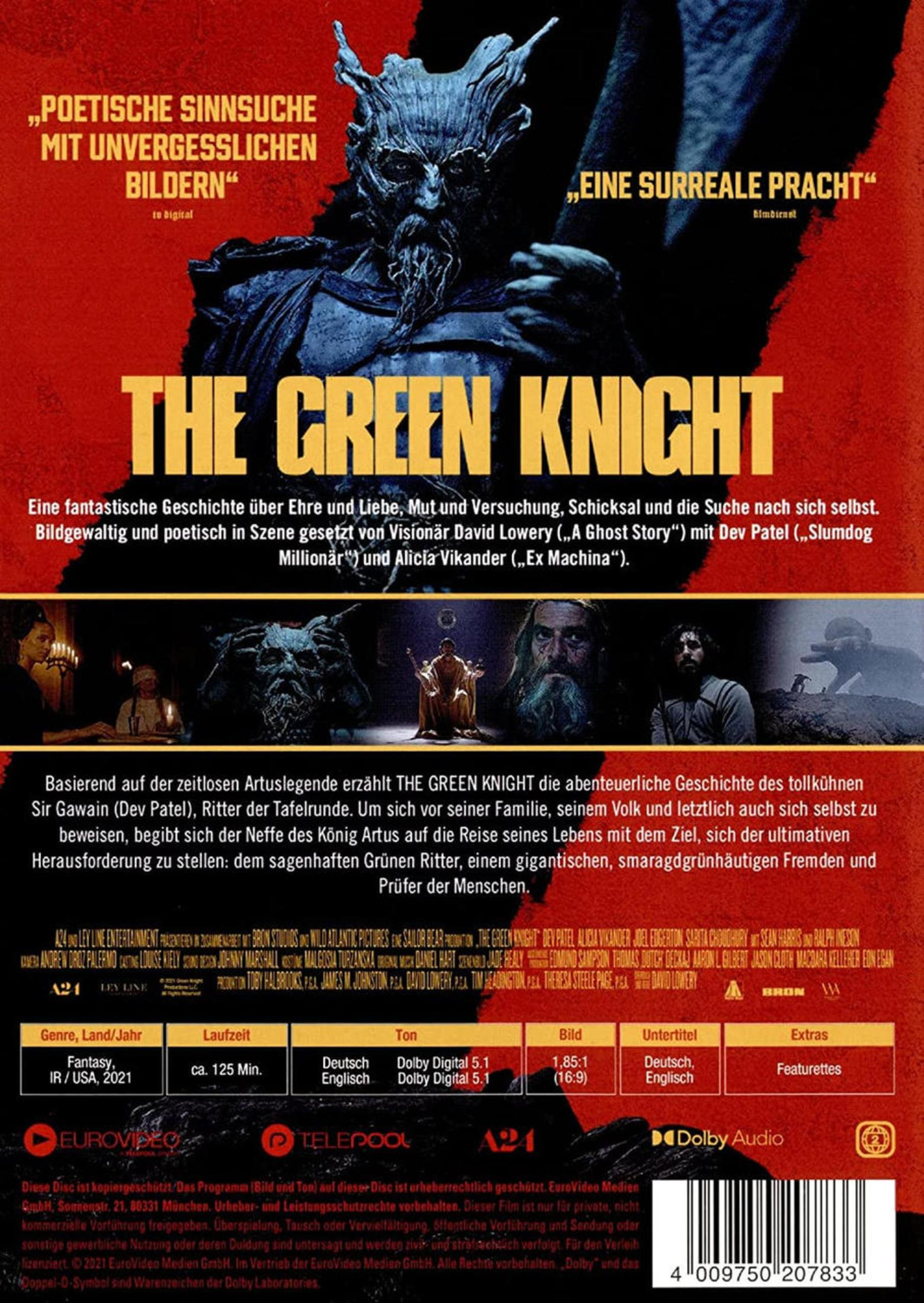 DVD-Hülle des Films The Green Knight mit grünem Ritter oben, Szenenbildern in der Mitte und Infotext unten.