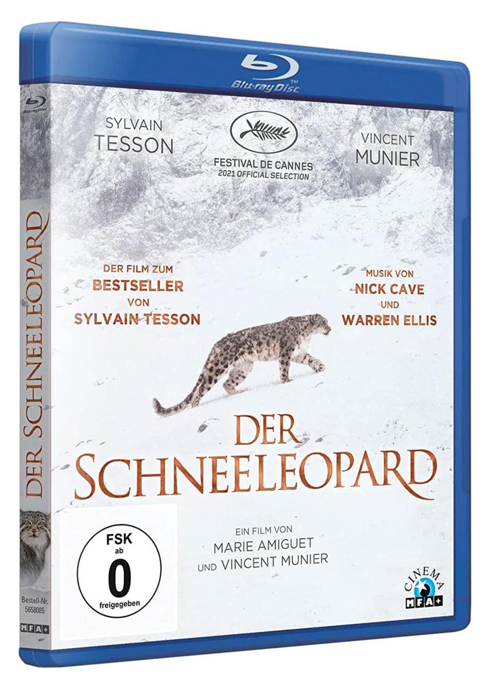 Blu-ray-Hülle des Films Der Schneeleopard mit einem Leoparden im Schnee.