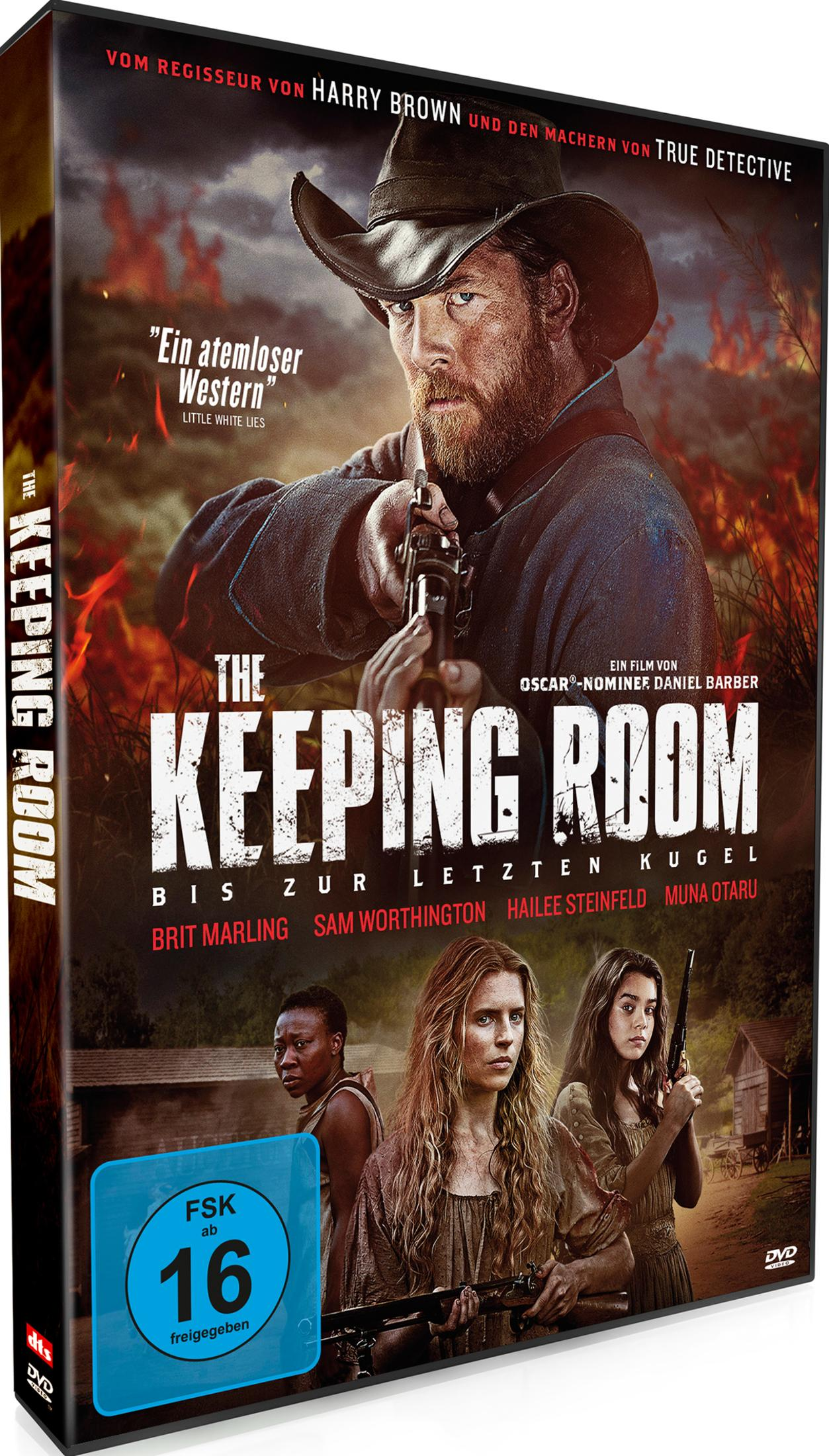 DVD-Cover von The Keeping Room mit einem bewaffneten Mann und drei Frauen vor einer brennenden Kulisse.