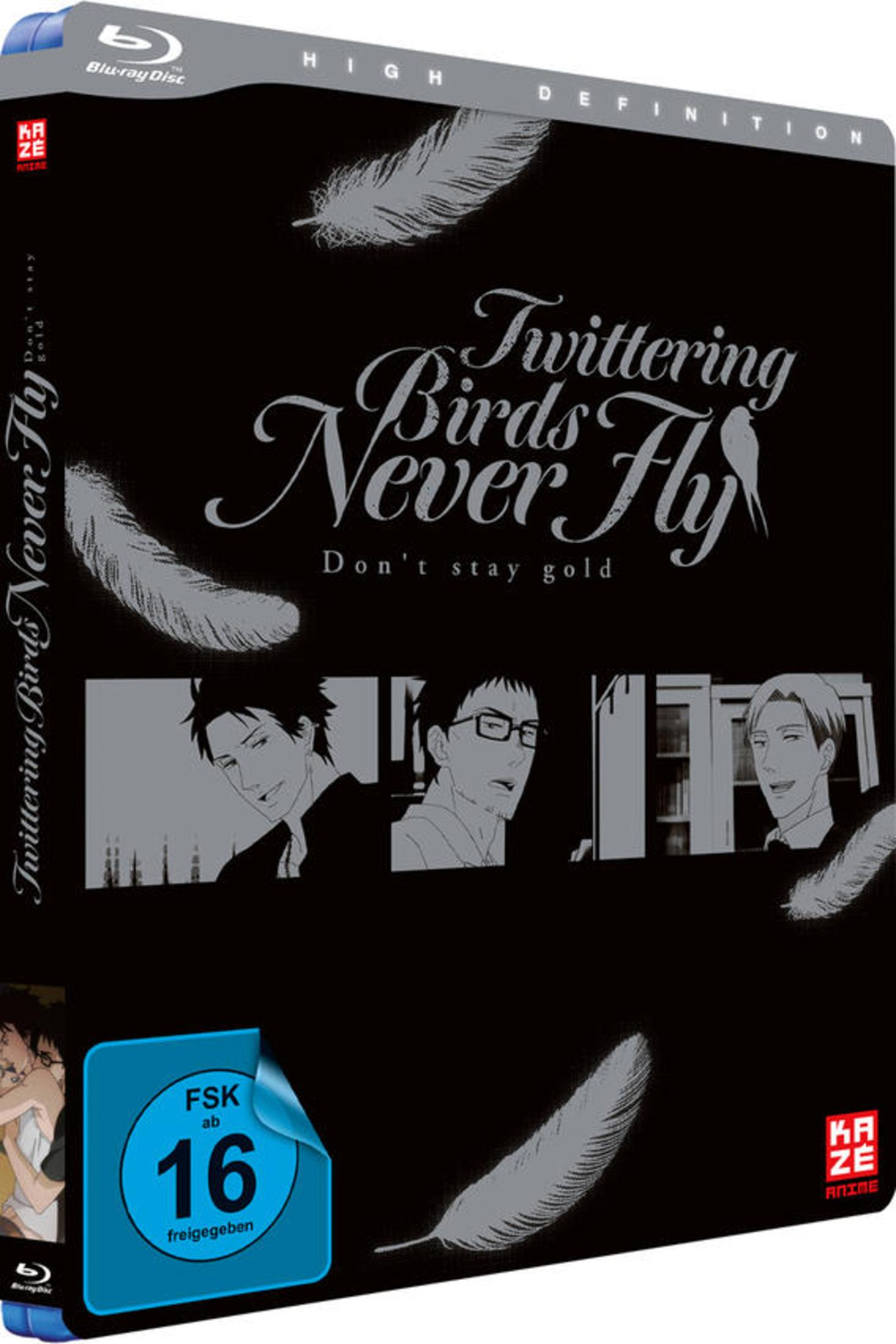 Blu-ray-Cover für Twittering Birds Never Fly mit weißen Federn, Anime-Figuren und deutscher FSK-16-Altersfreigabe.