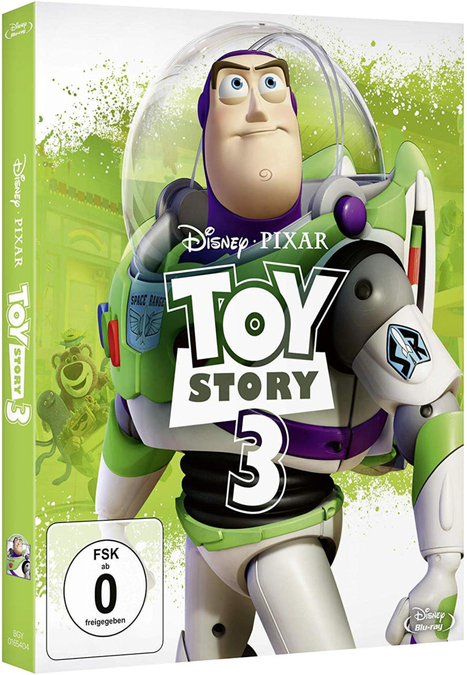 Buzz Lightyear vor grünem Hintergrund auf der Blu-ray-Hülle von Toy Story 3.