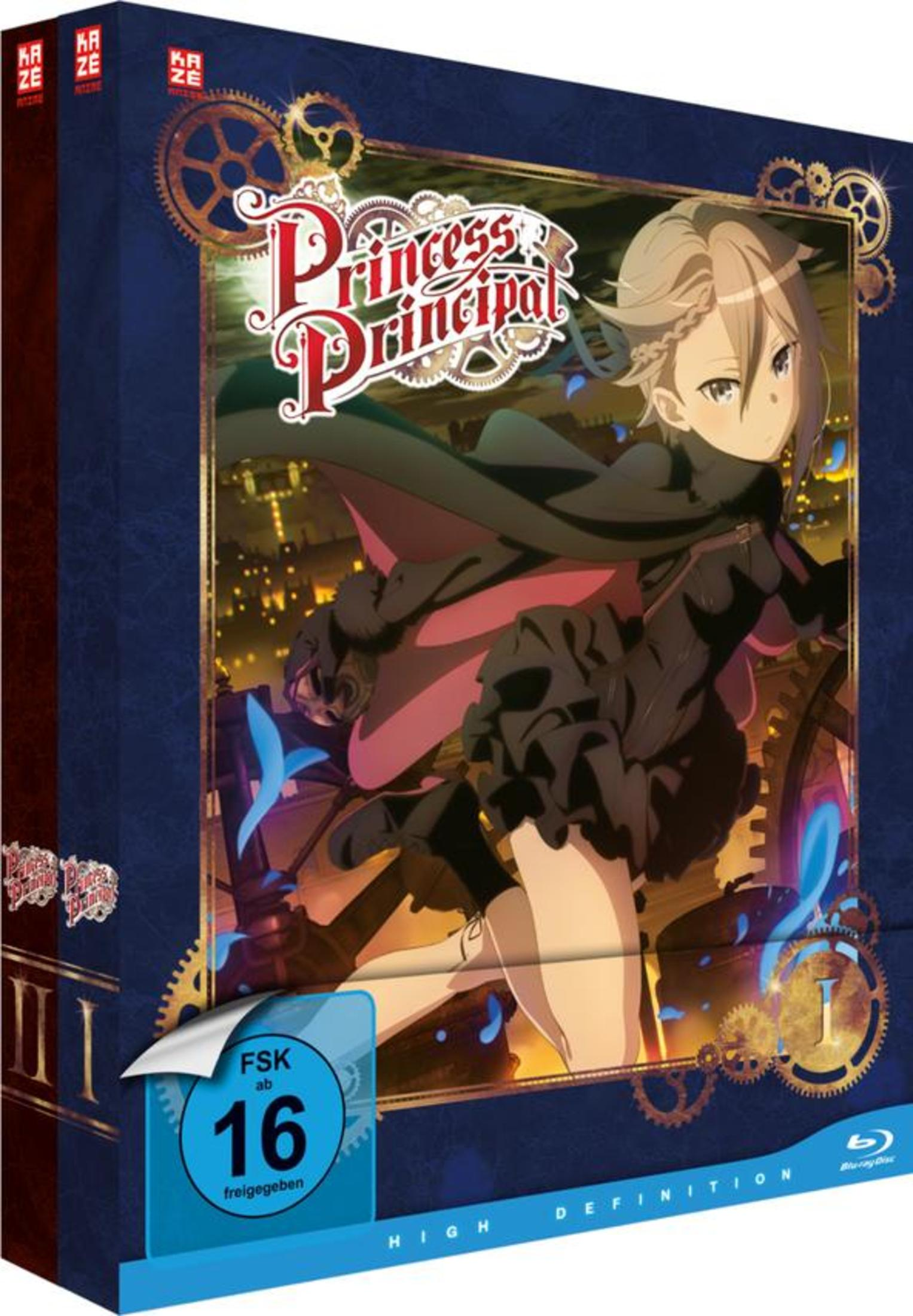 Princess Principal Anime Blu-ray-Box mit Charakterkunst vor nächtlicher Steampunk-Stadtkulisse.