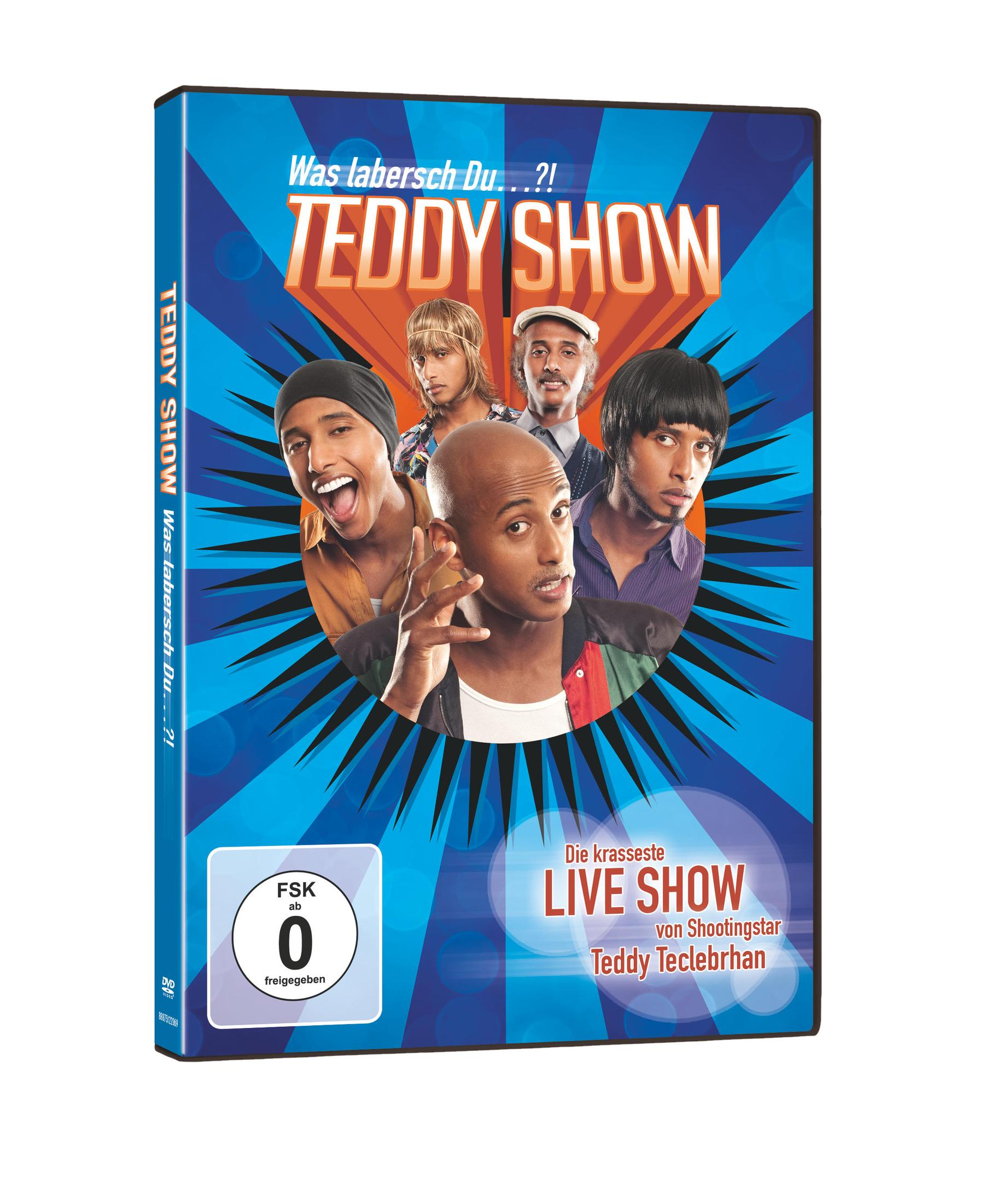 DVD-Cover der Teddy Show mit fünf verschiedenen Charakteren des Komikers Teddy Teclebrhan vor blauem Hintergrund.