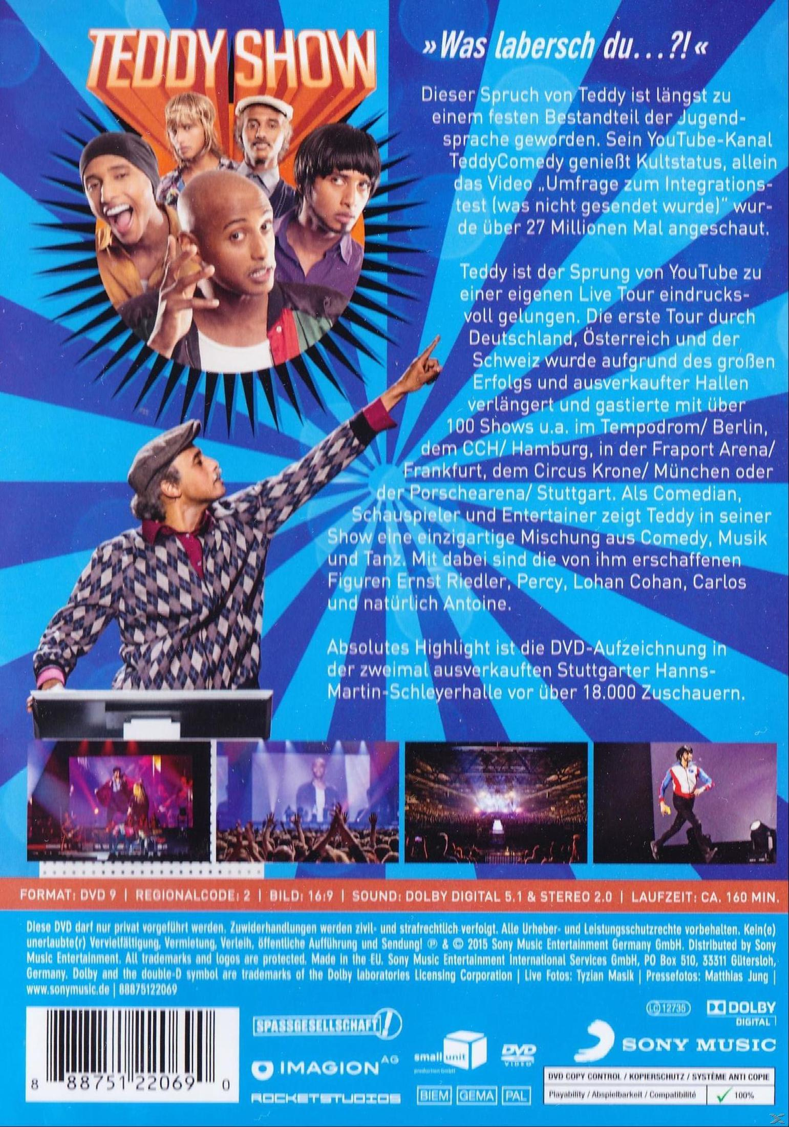 DVD-Cover der Teddy Show mit Porträts des Comedians und blauem Hintergrund mit deutschem Text.