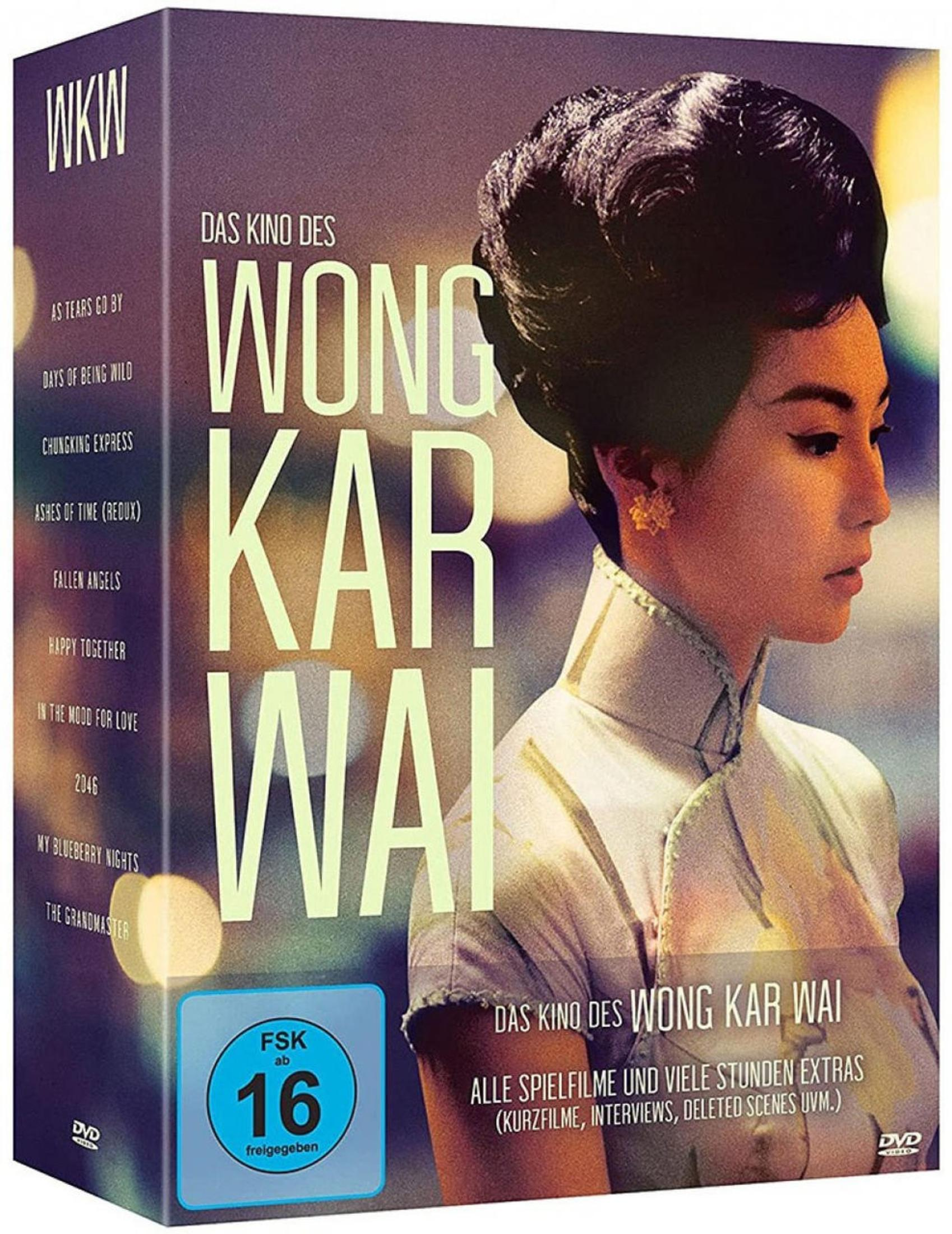 DVD-Box von Das Kino des Wong Kar Wai mit einer eleganten Frau im Vordergrund und deutscher Altersfreigabe.