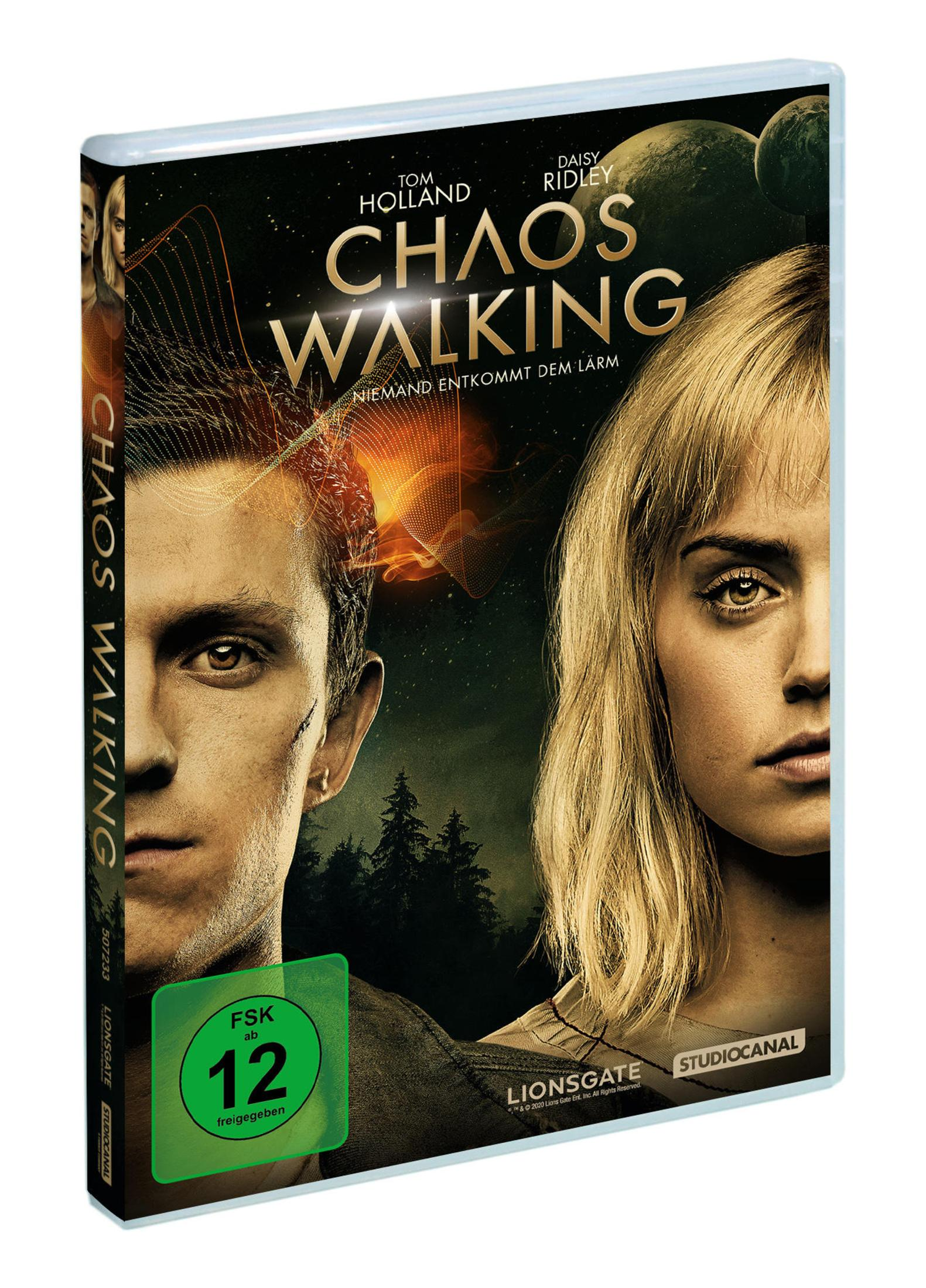 DVD-Hülle des Films Chaos Walking mit Tom Holland und Daisy Ridley vor dunklem Hintergrund.